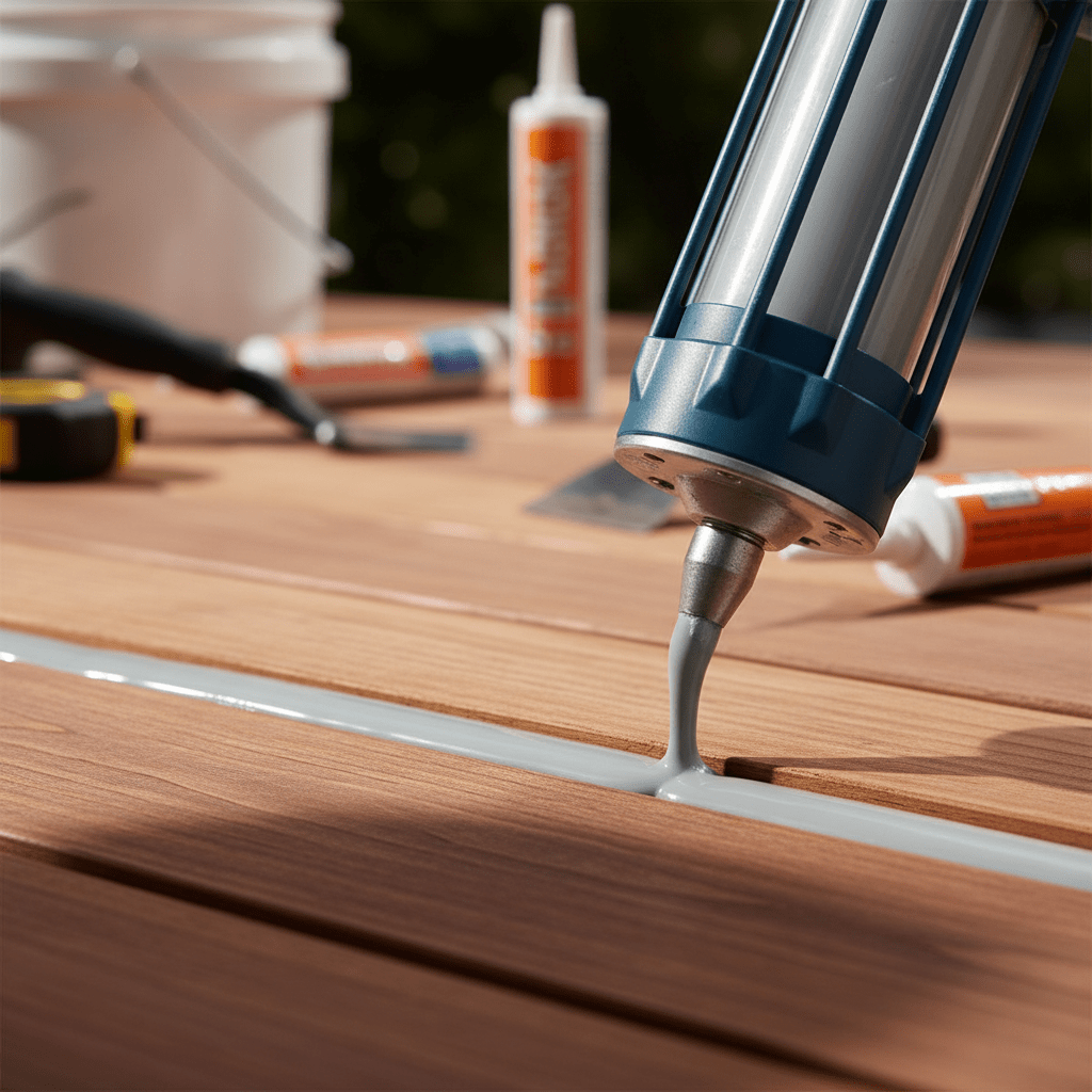 Cordless caulking gun applies smooth self-leveling compound onto a wood deck.
