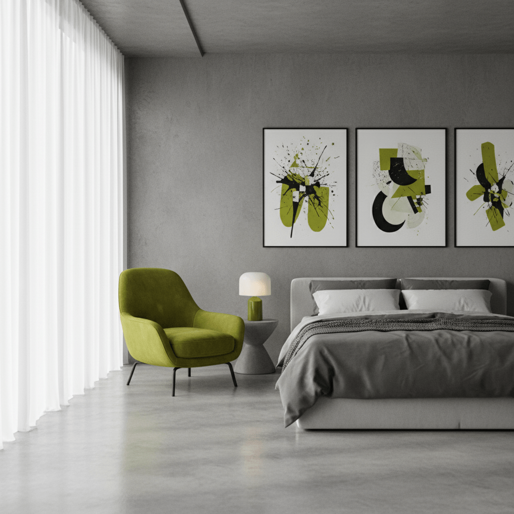 Modern bedroom with concrete walls and a vibrant chartreuse velvet armchair.