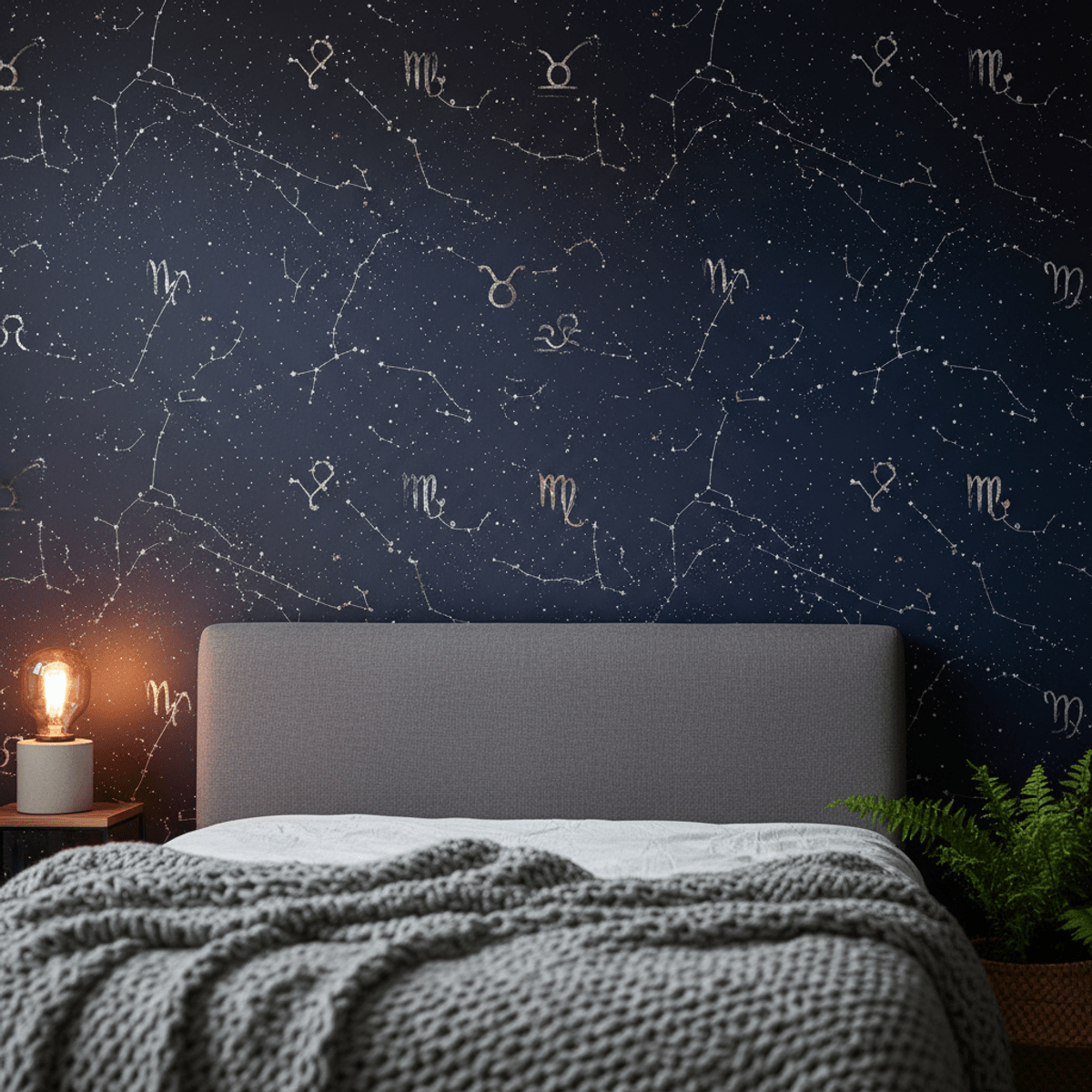 Cosmic constellation and zodiac wallpaper with metallic foil accents. Expansive celestial map wallpaper with accurate constellations and zodiac symbols on a bedroom wall.