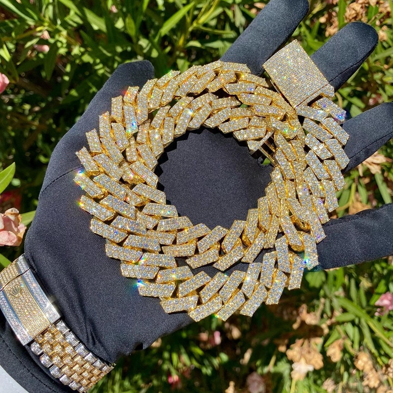 Iced Out GRA Certificate 2 Rows Moissanite Mens Chain Silver 925 D Color VVS Moissanite Cuban Link Chain for Hip Hop Man