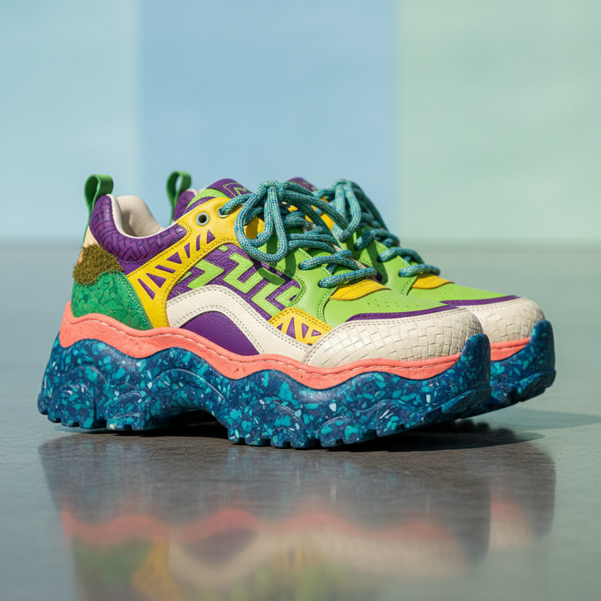 Sustainable platform sneakers with recycled plastic and plant leather. Close-up of eco-friendly platform sneakers with recycled materials and geometric patterns.