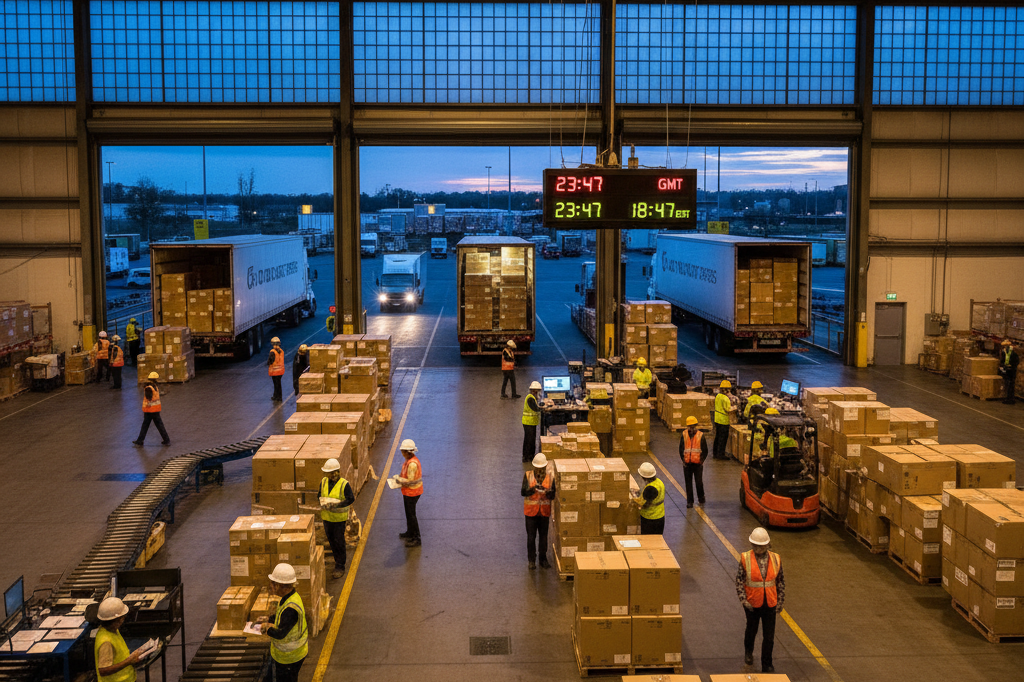 Bustling logistics warehouse at dusk reflecting operational challenges Wide shot of busy logistics warehouse with workers handling shipments under mixed lighting, symbolizing supply chain complexities
