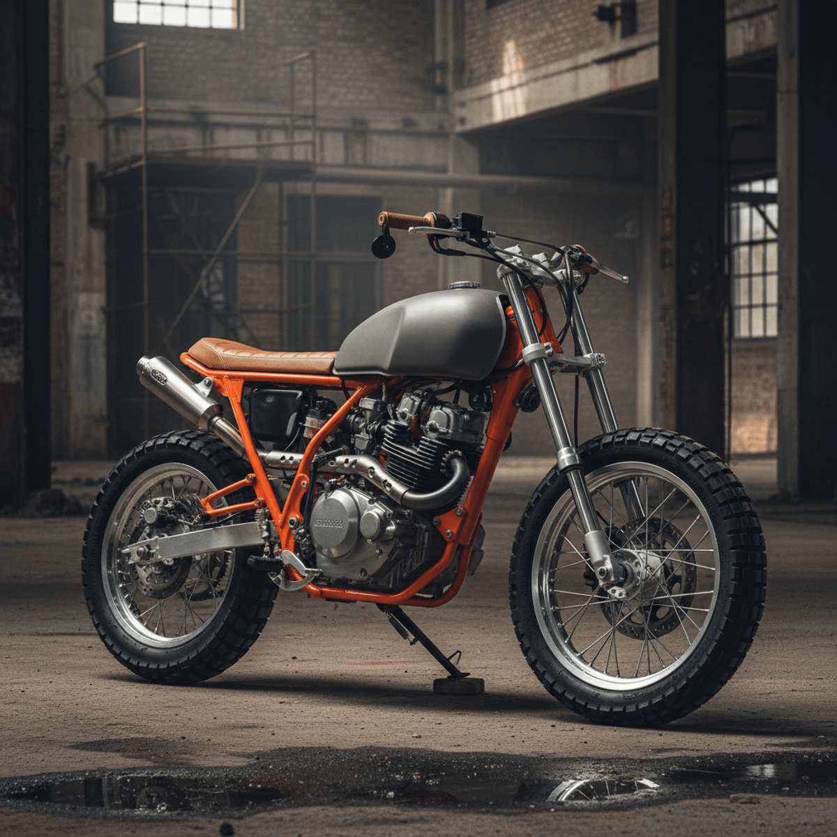 Customized 200cc scrambler motorcycle with minimalist design in an urban industrial setting.