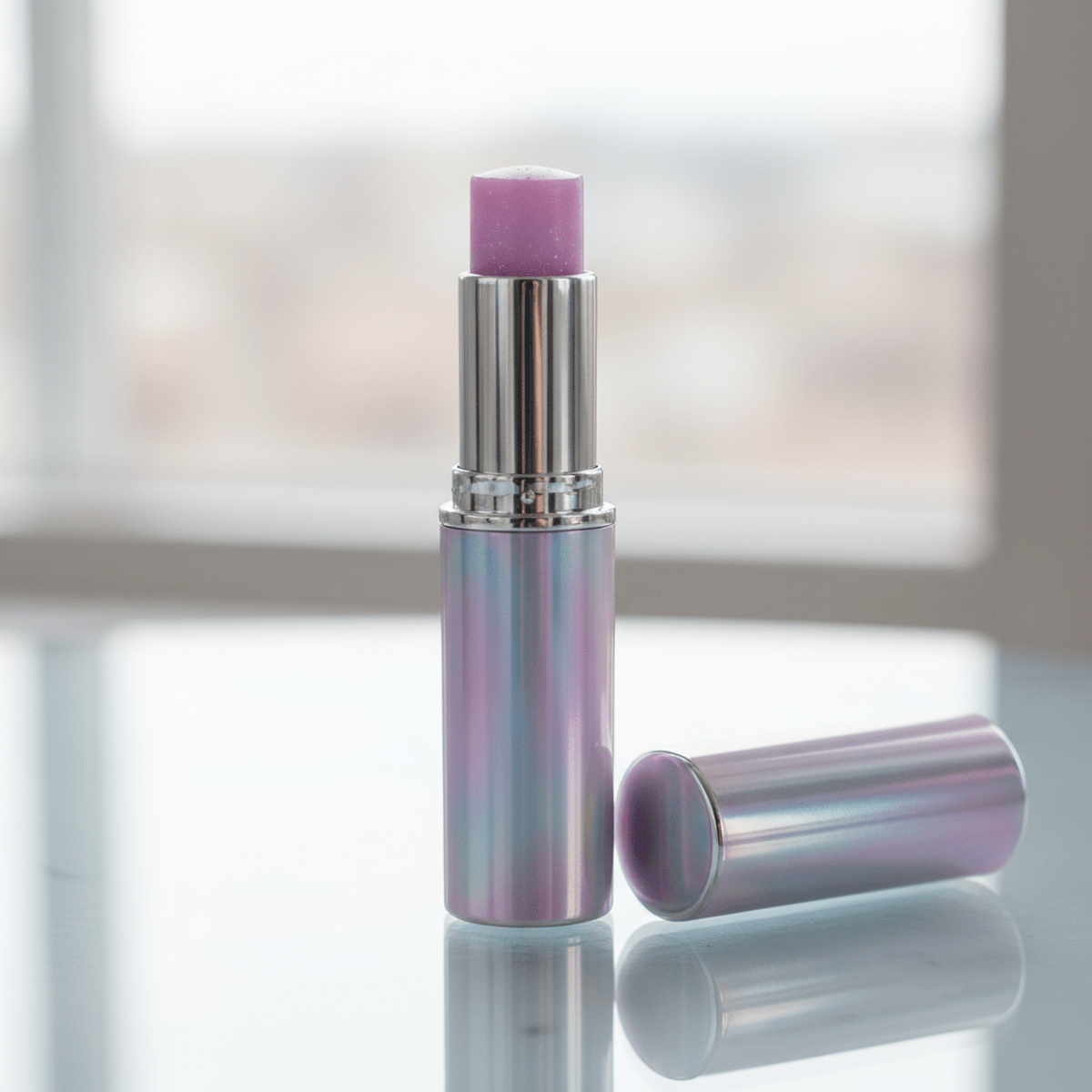 Futuristic lip balm with ethereal pearlescent shimmer Futuristic pink lip balm with holographic shimmer on reflective glass.