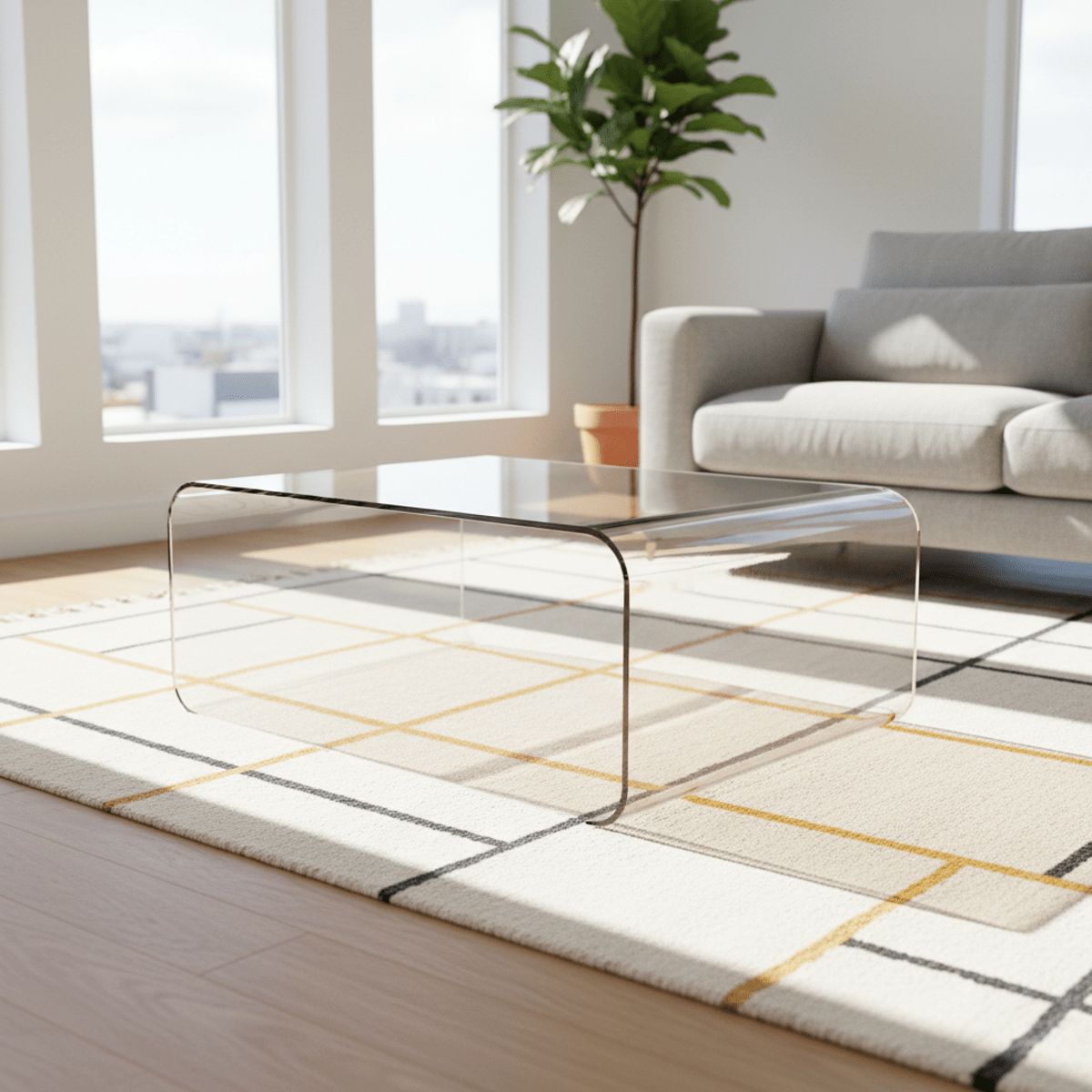 Clear acrylic coffee table with waterfall edges in a sunlit modern living room.