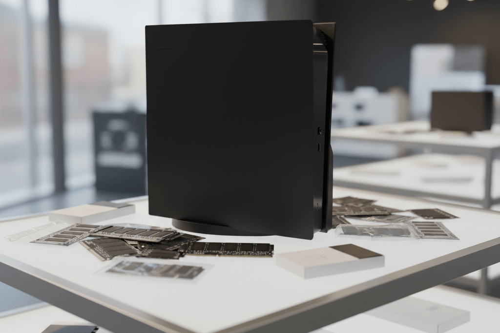 Gaming console and components reflecting 2026 supply chain shifts Unbranded gaming console with memory chips and storage drives on a shelf under natural light