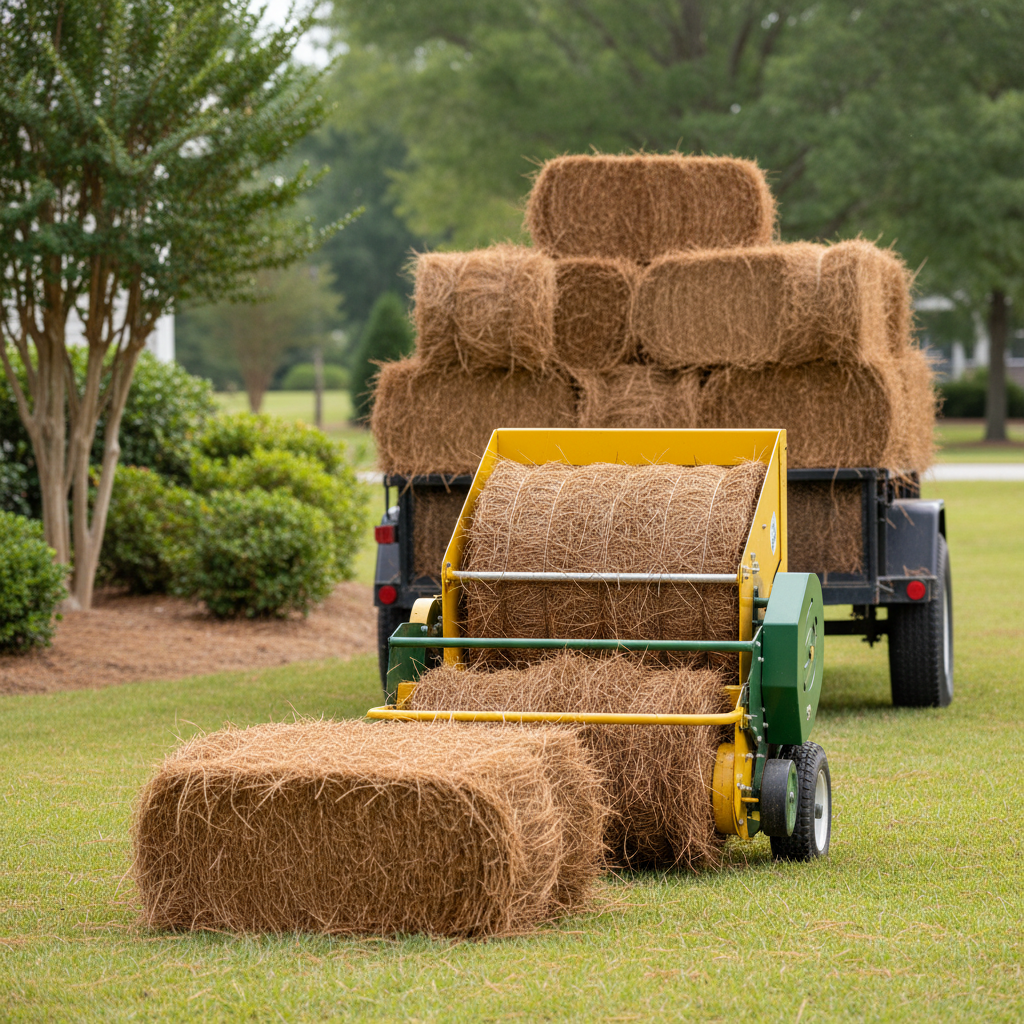 Compact mini round baler creating dense cylindrical bales of golden pine needles.