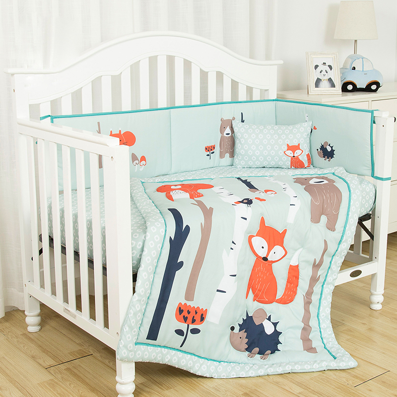 Water Green Cartoon Fox Theme Print Crib Set Cotton Baby Bedding