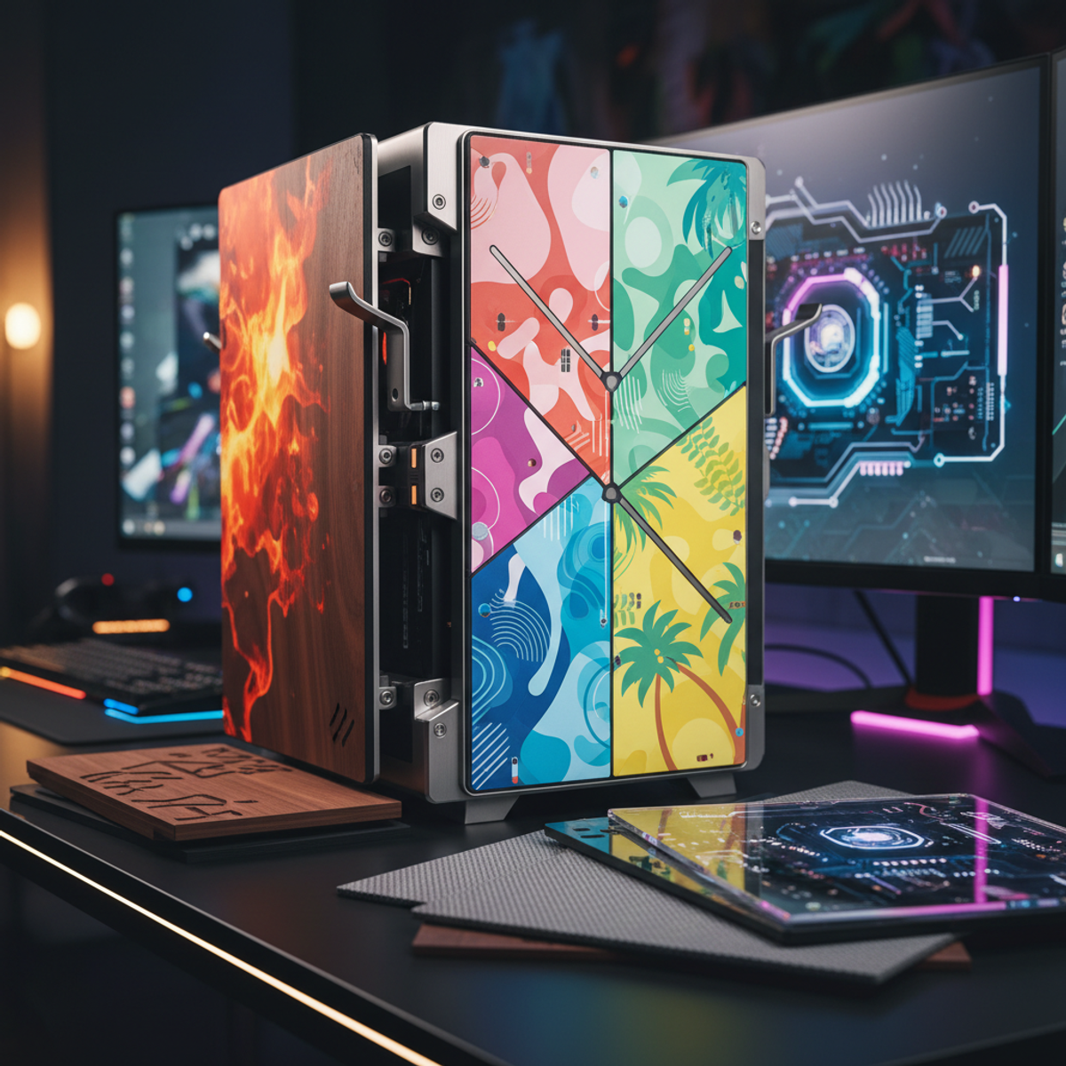Modular gaming desktop with vibrant seasonal panels and exposed tool-free swapping.