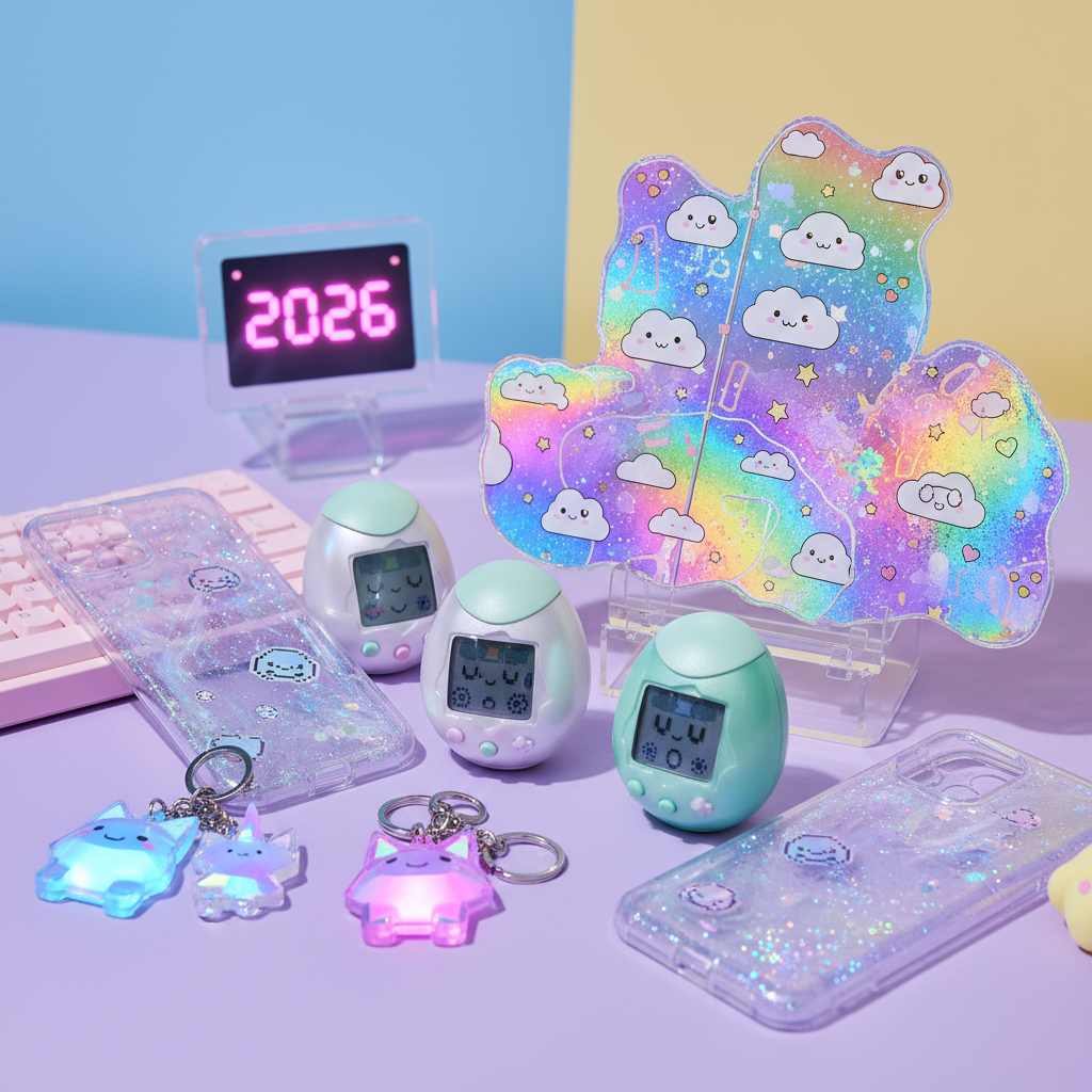 Kawaii tech objects with pixelated faces and glitter on a pastel desk.