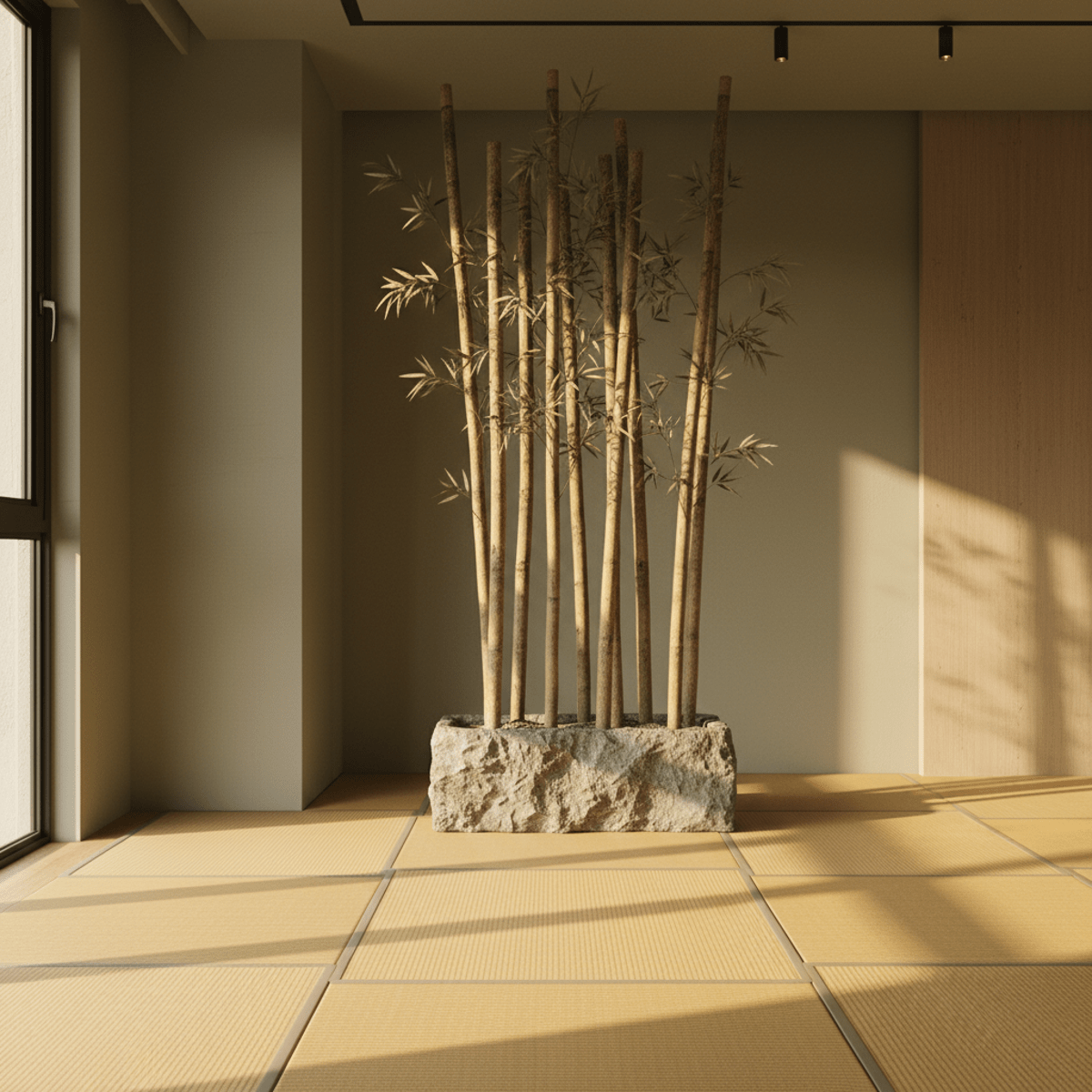 Slender faux bamboo stalks in a natural stone vessel in a Japandi meditation space.