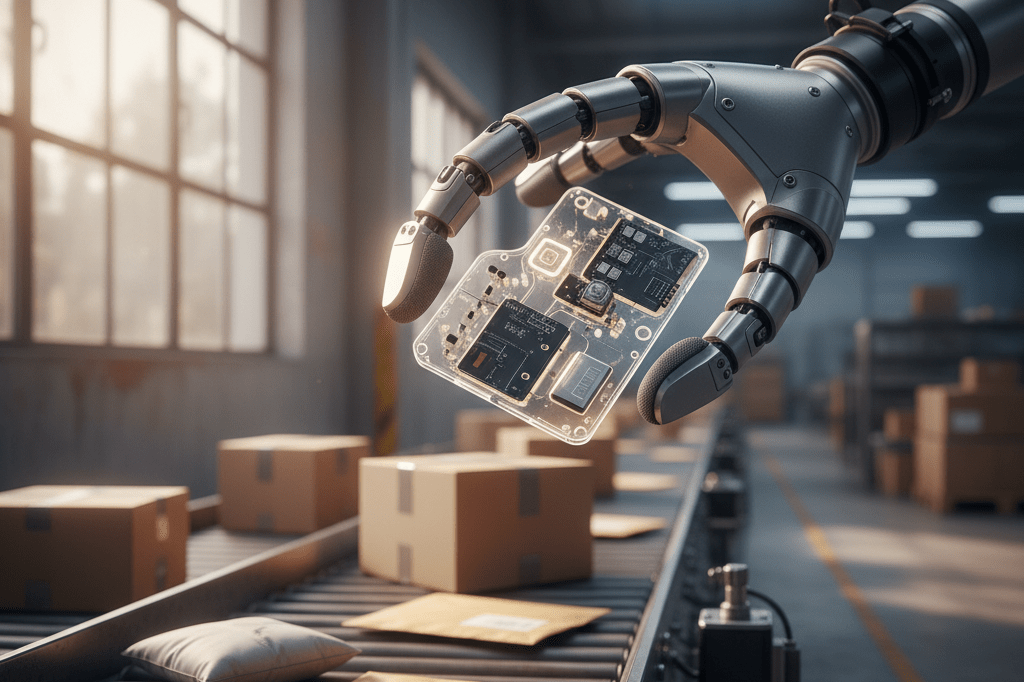 Close-up of adaptive robotic gripper adjusting grip pressure while holding delicate items under natural light