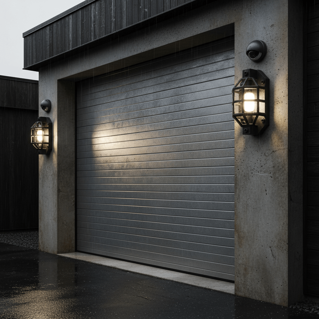 Industrial smart garage light with matte black finish, camera, and rain.