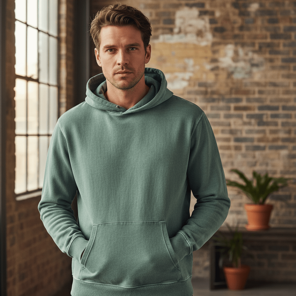 Man in faded green garment-dyed hoodie with weathered texture in industrial loft.