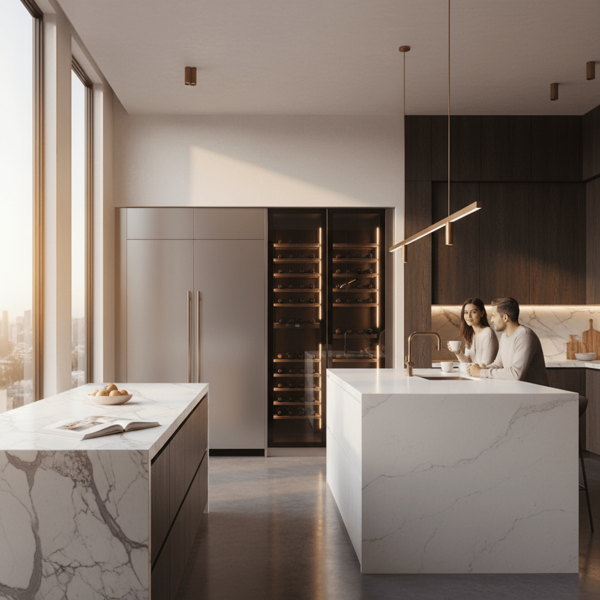 Luxury kitchen with modular refrigerator columns and marble countertop.