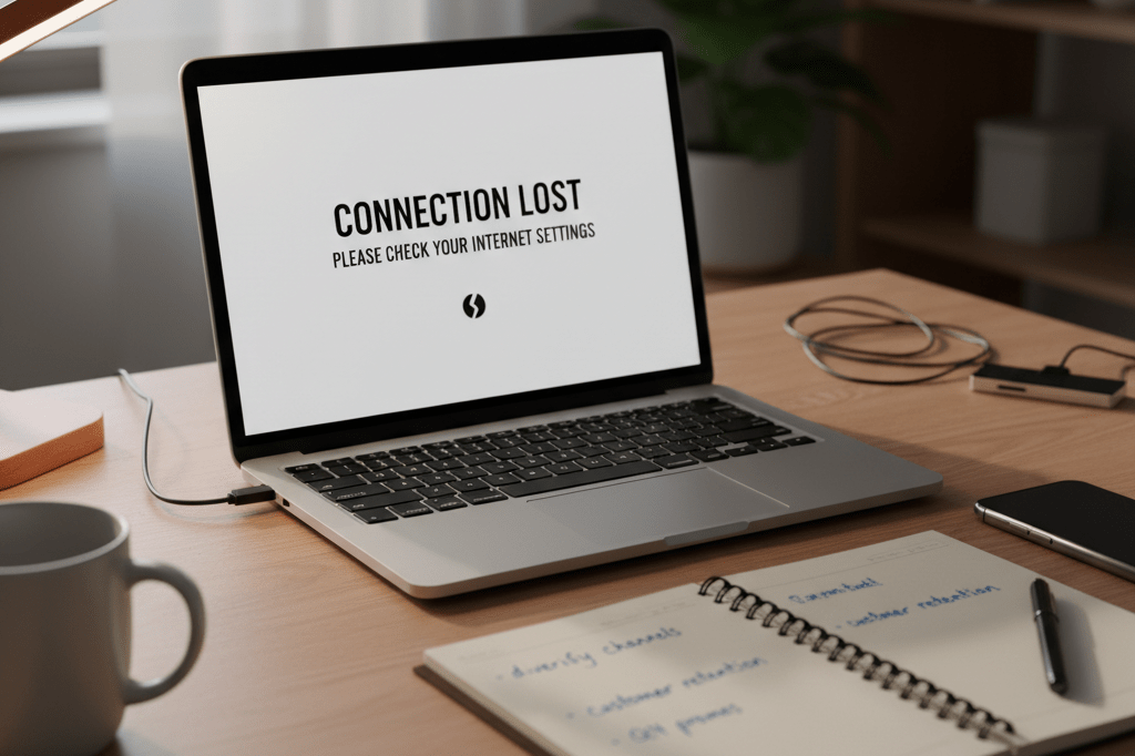Laptop showing error page, notebook, and phone on desk under warm natural light, symbolizing seller preparedness amid marketplace disruptions