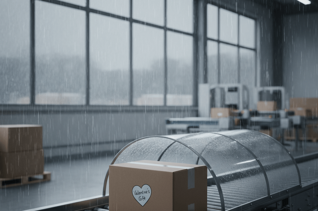 Medium shot of a rain-covered warehouse window overlooking a shipping conveyor with a Valentine's gift box under protective canopy