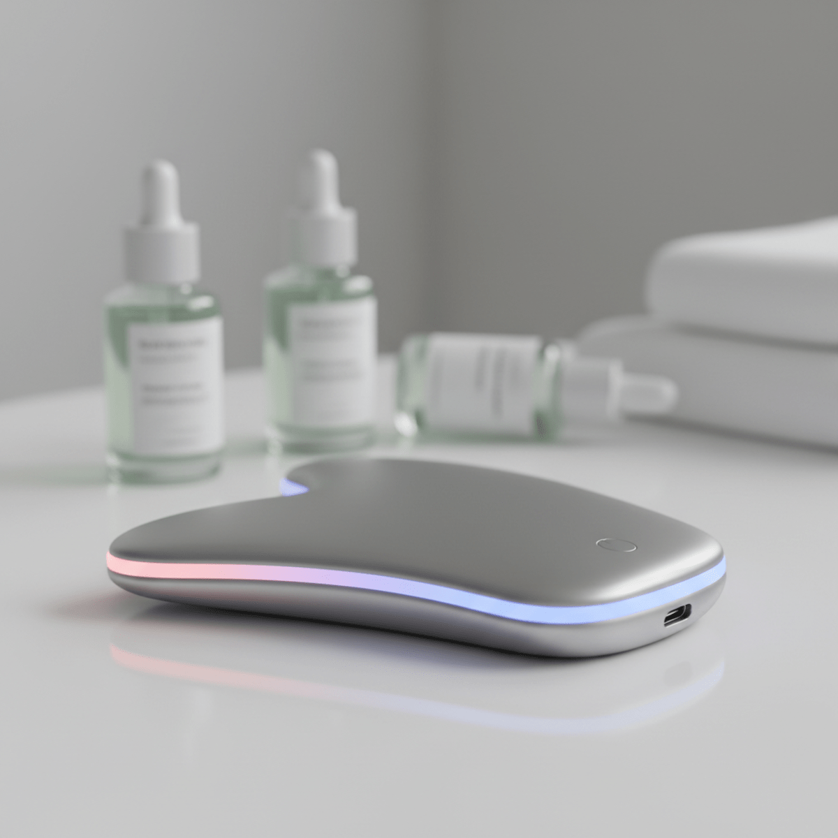 Sleek gua sha tool with glowing LED edges on a white spa table.