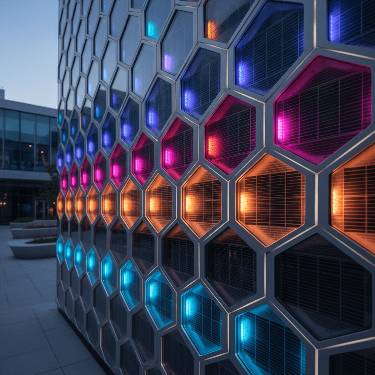 Futuristic building facade with flowing hexagonal solar LED panels glowing at night.