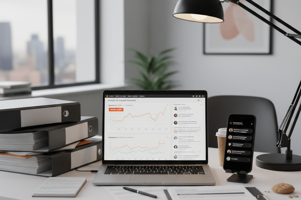 Desk with legal papers, laptop analytics, and phone alerts under warm ambient light symbolizing modern crisis management efforts