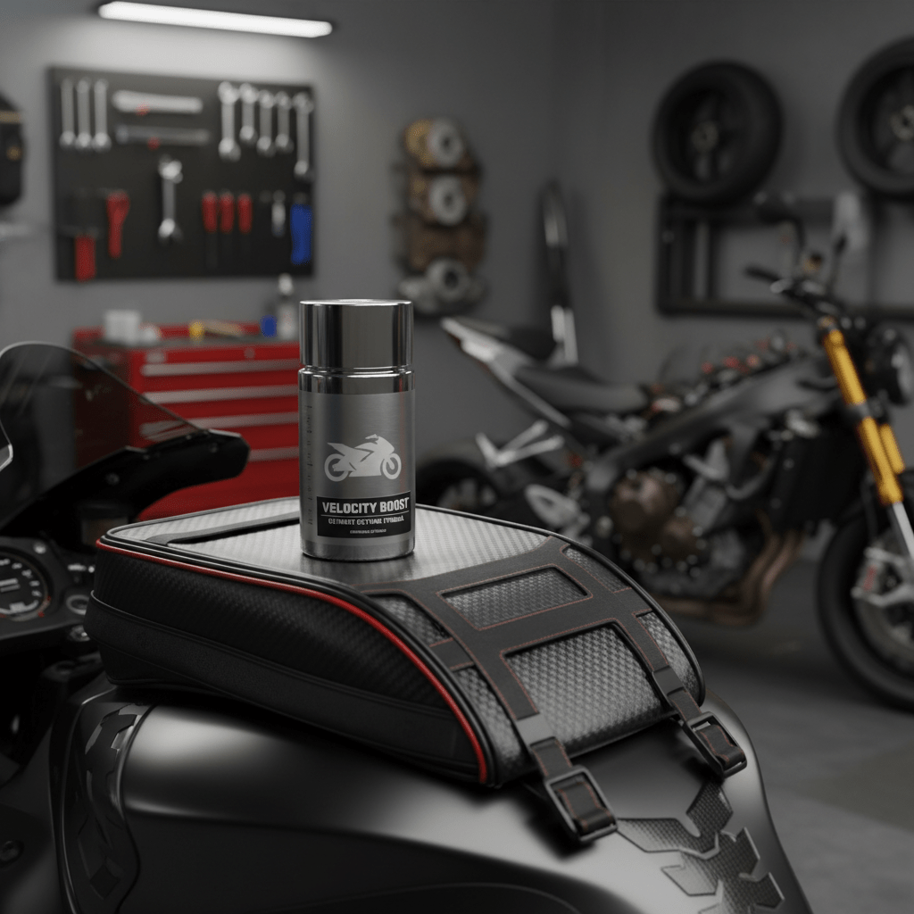 Sleek metallic octane booster bottle with measurement markings on a carbon-fiber tank bag.