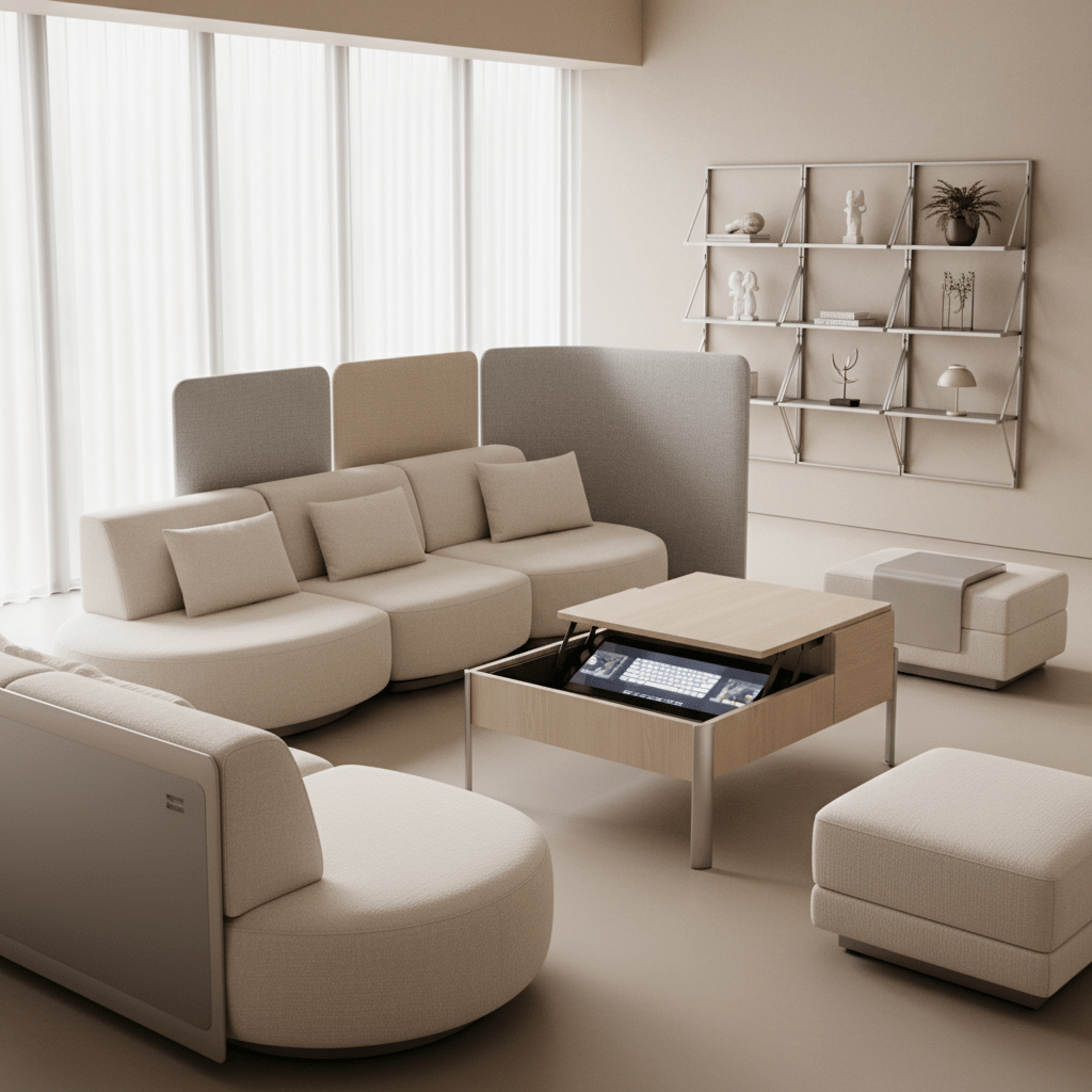 Futuristic 2026 living room with hyper-modular furniture and acoustic dividers.