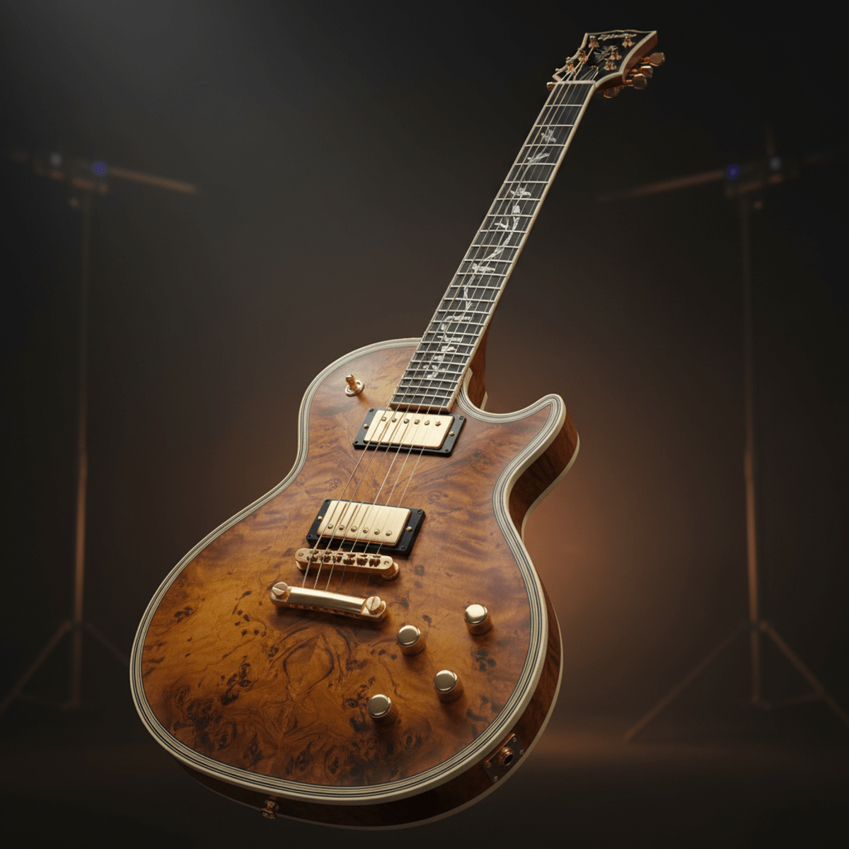 Baritone guitar with exotic wood top, detailed inlays, and metallic hardware.