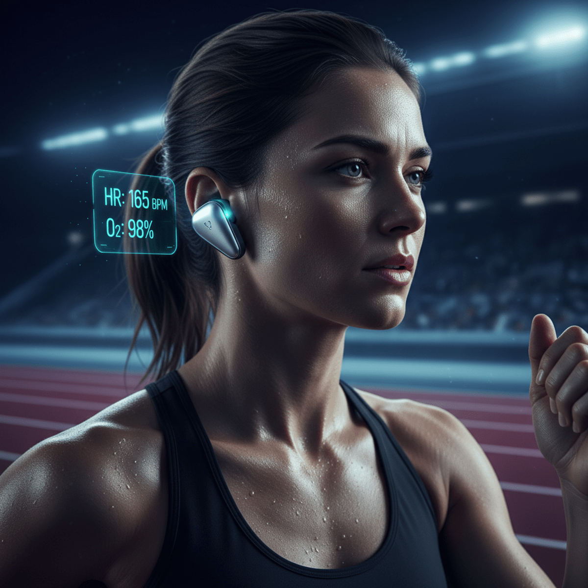 Sleek futuristic earbuds monitor athlete's heart rate mid-run with holographic overlay.