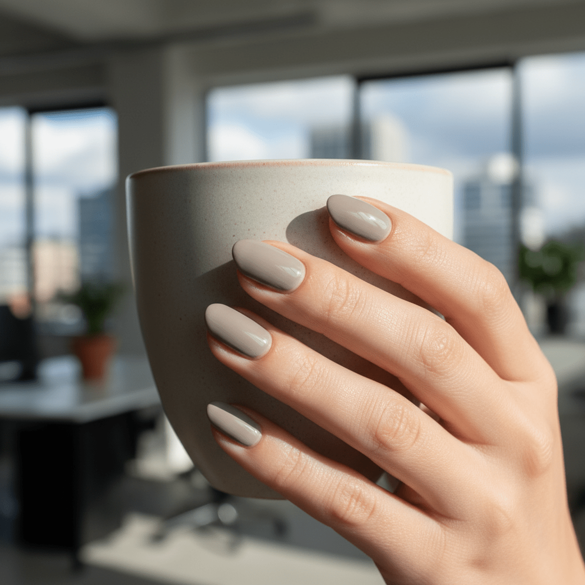 Manicured hand with greige nail polish gently holding a ceramic coffee cup.