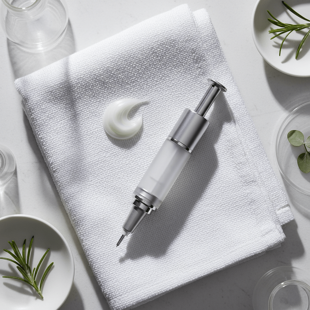 Pearlescent glutathione cream in a syringe applicator on white linen with lab glassware.