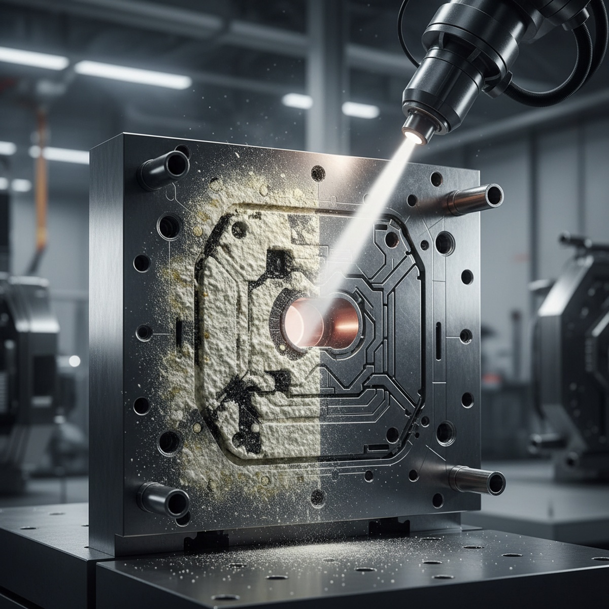 Industrial dry ice blasting cleans intricate automotive mold, revealing mirror-like precision.