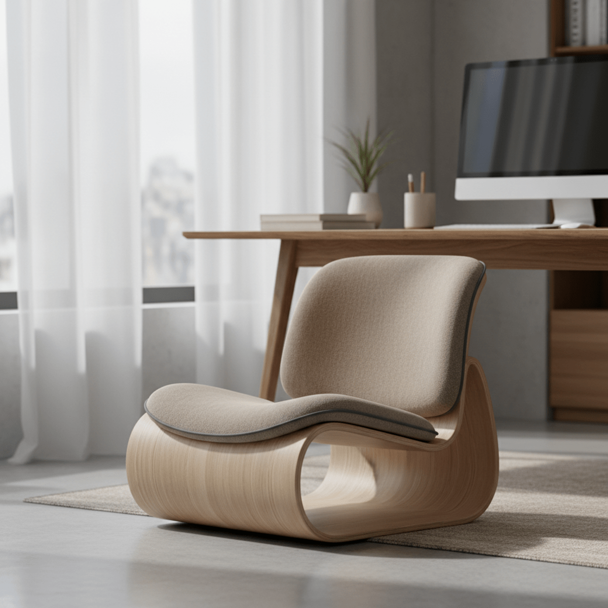 Modern ergonomic kneeling chair with bent plywood frame and wool blend upholstery.