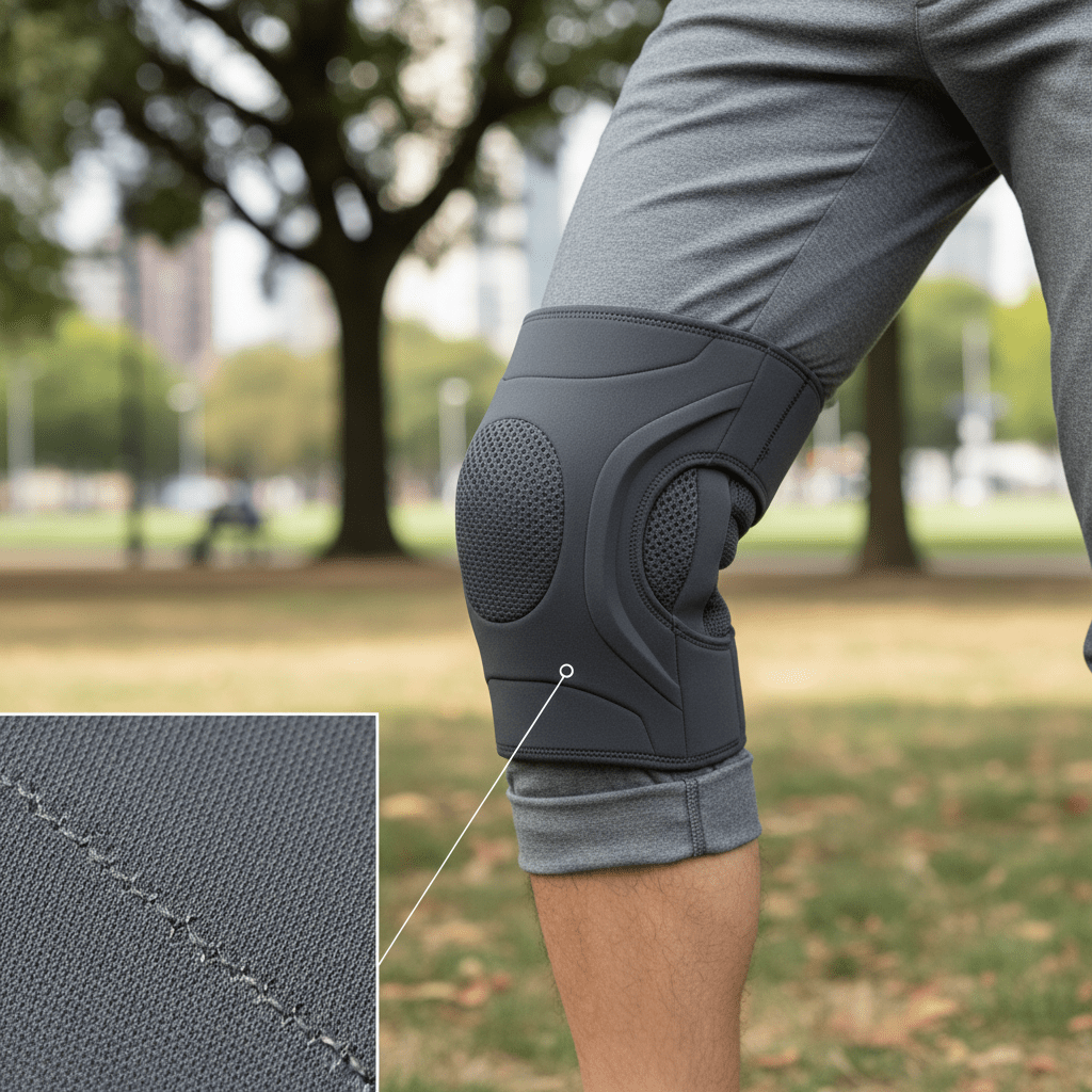 Sleek orthopedic knee brace worn under athletic trousers during an outdoor walk.