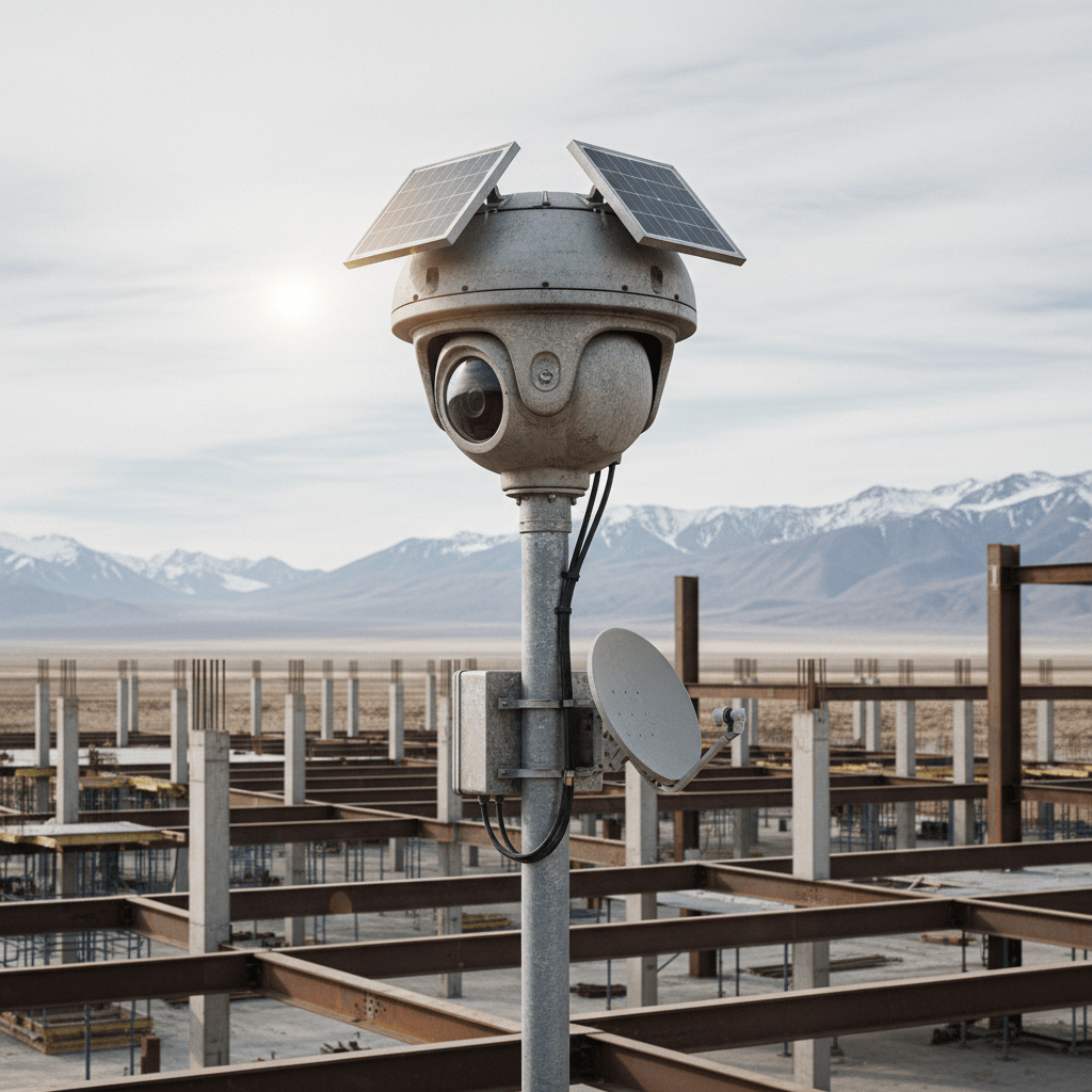 Rugged security camera on a pole at a remote, dusty construction site.