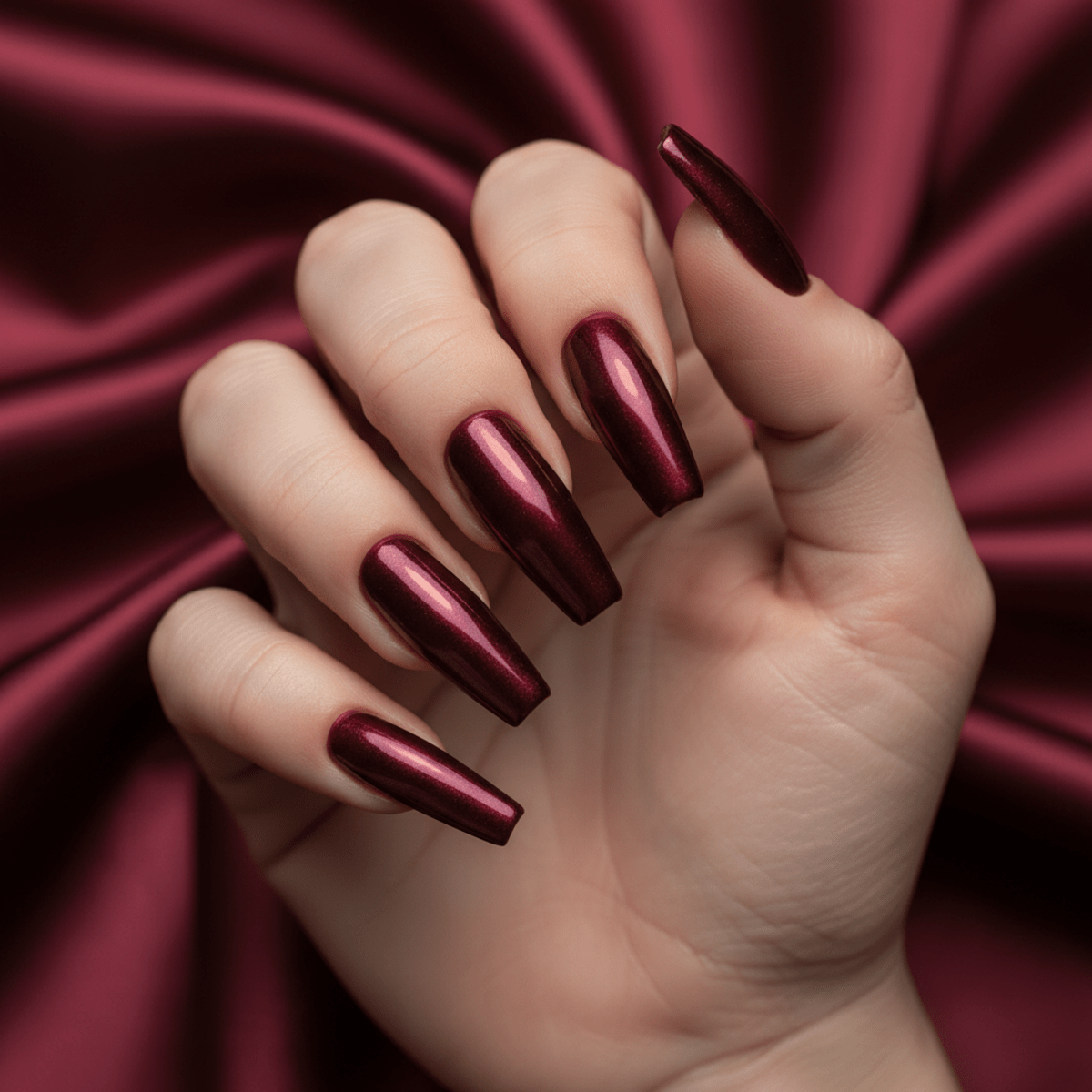 Cherry cola coffin nails with molten chrome and shifting colors on silk.