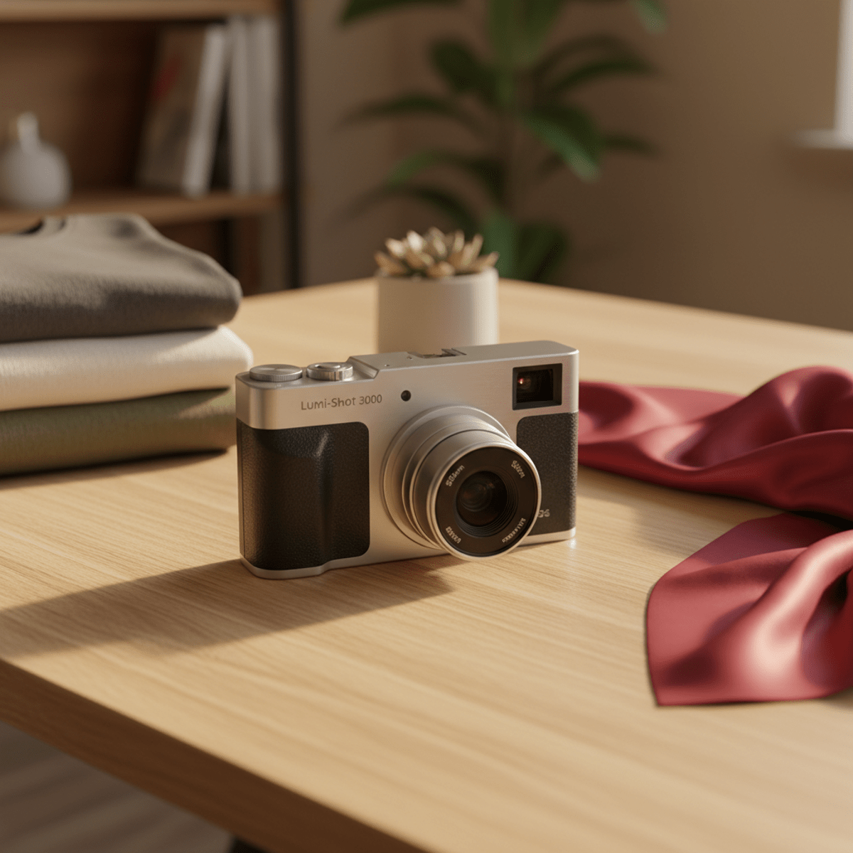 Budget camera on a wooden desk with clothing, scarf, and soft daylight.