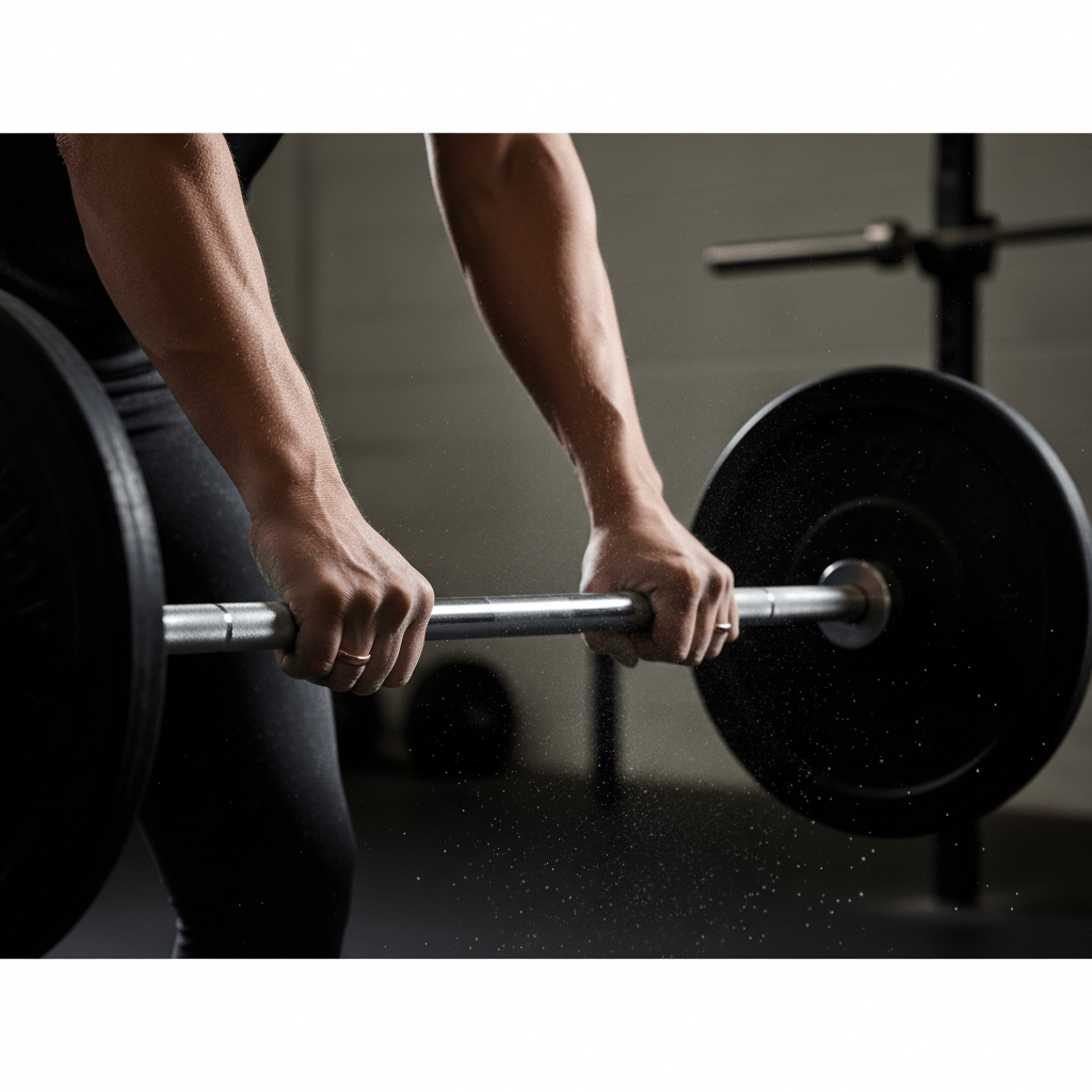 Close-up of chalk-dusted hands gripping a barbell, showing defined muscles and a wedding ring.
