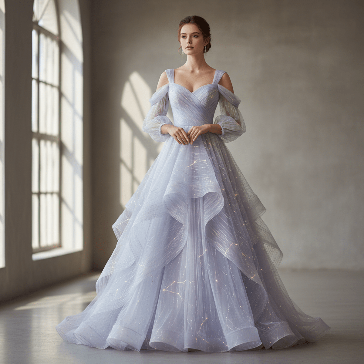 Floor-length gown with romantic proportions in lavender and blue tulle with constellation patterns.