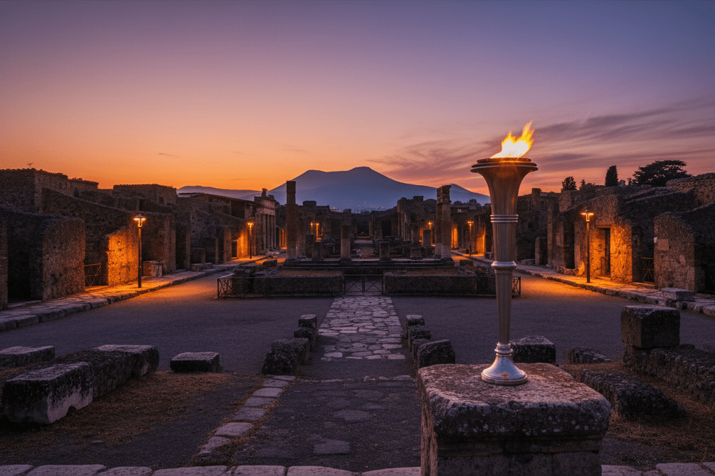 Photorealistic depiction of an Olympic torch placed within ancient Pompeii’s ruins under warm ambient light, symbolizing cultural connection