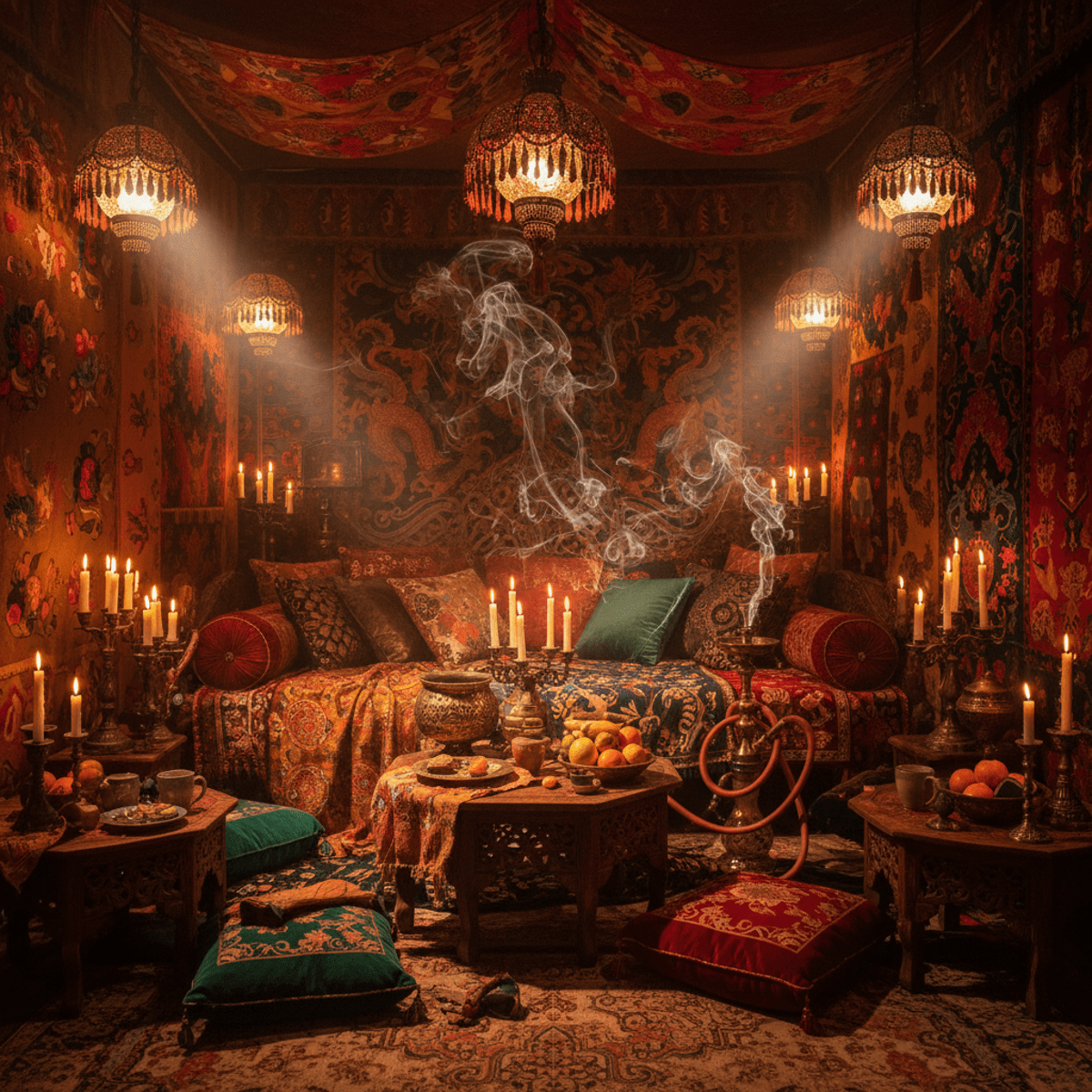 Opiumcore interior scene with ornate lamps, candles, and incense smoke creating a dreamy haze.