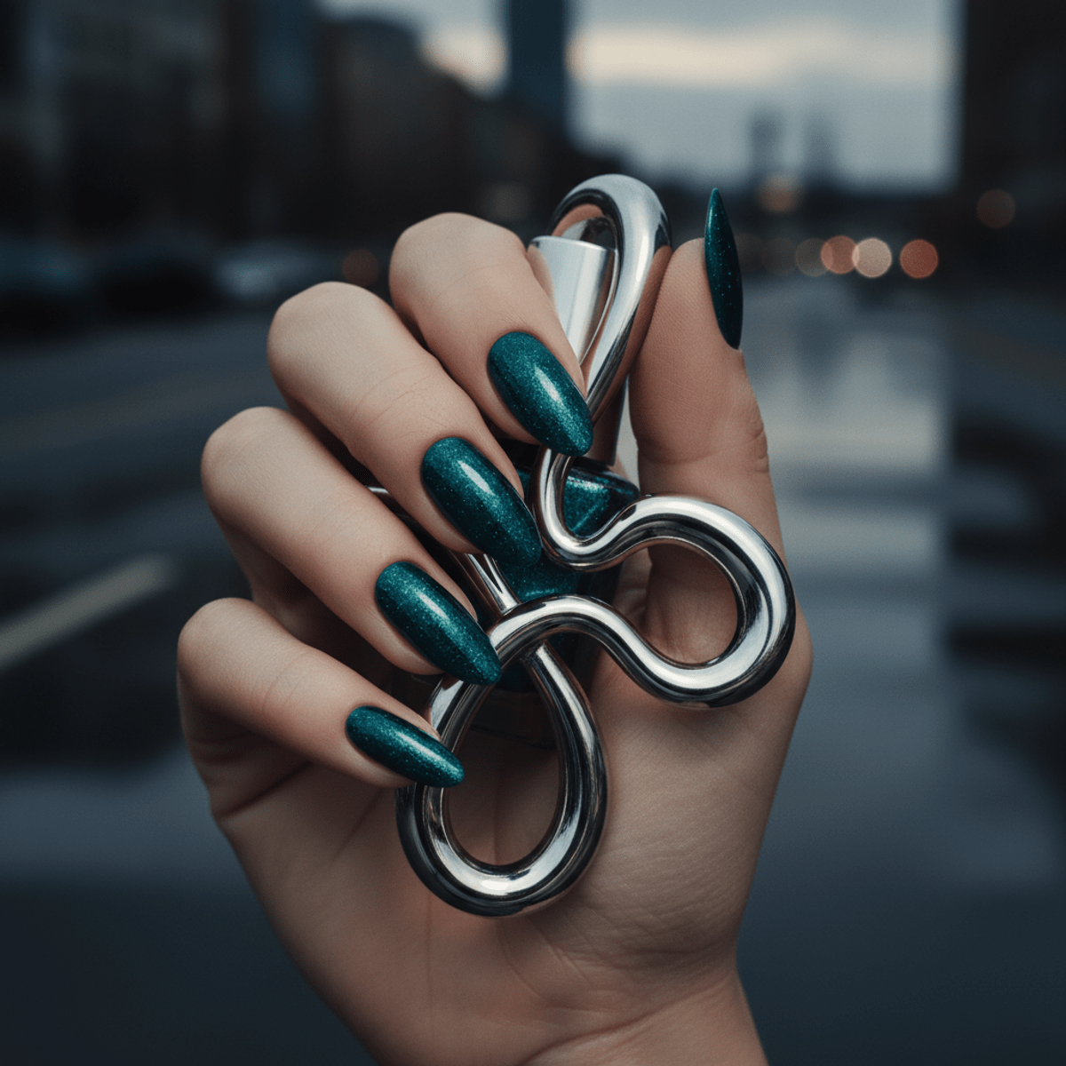 Hand with deep sea teal nails and metallic accessory, shimmering like water.