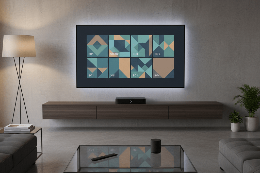 Living room with streaming device and remote under ambient lighting, reflecting episodic content engagement trends