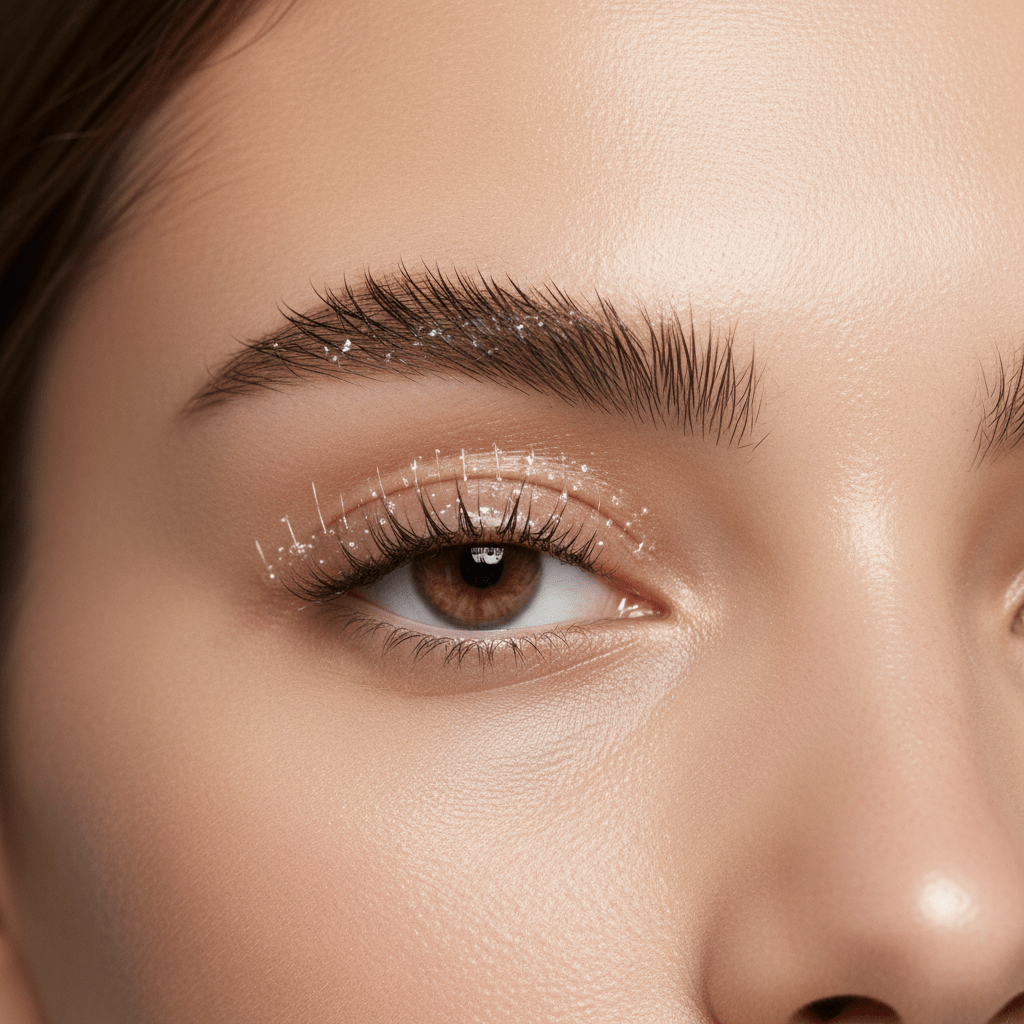 Perfectly straightened eyebrows with a glossy, glass-smooth finish, brushed upward with gel.