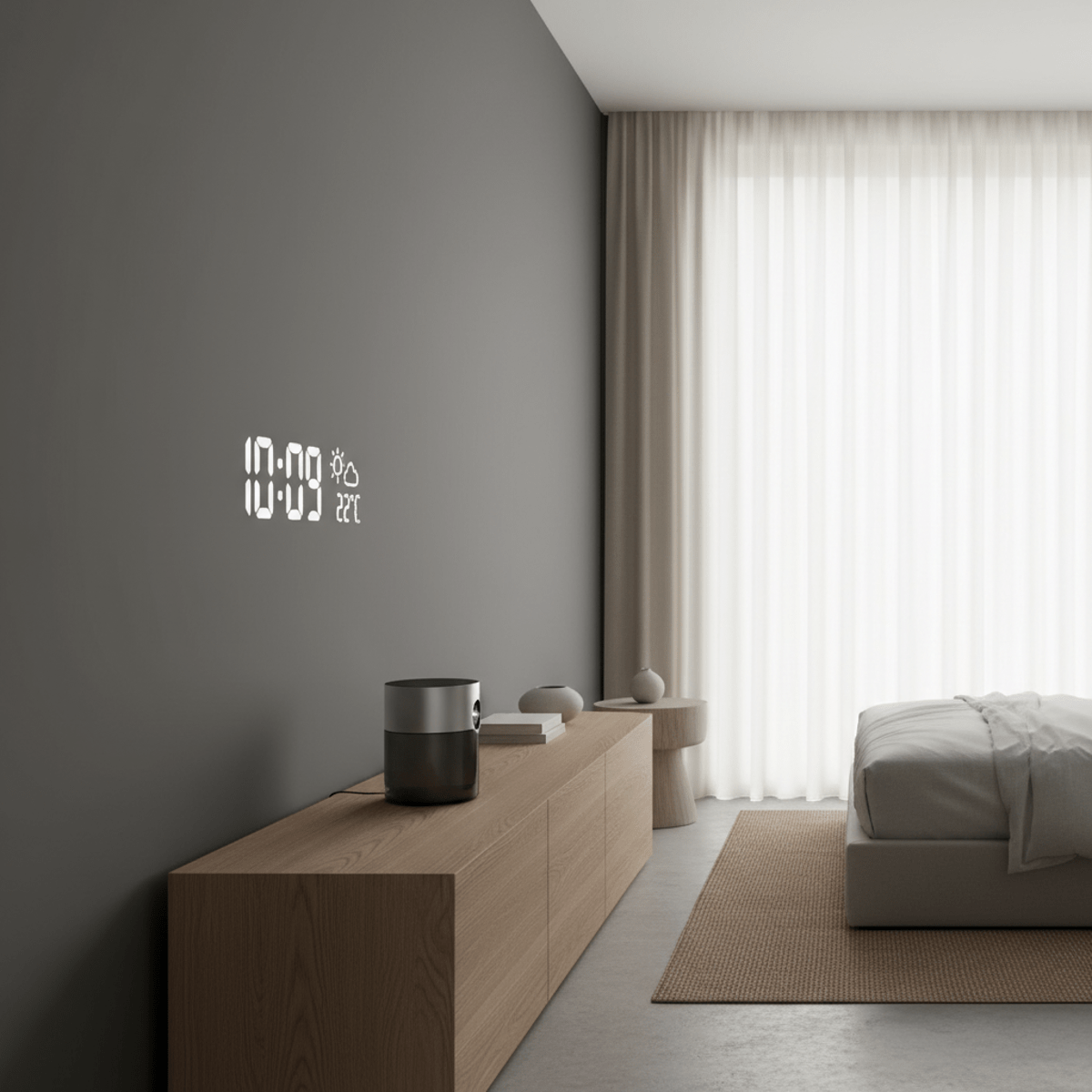 Sleek projector displays time and weather on a matte grey wall in a modern bedroom.