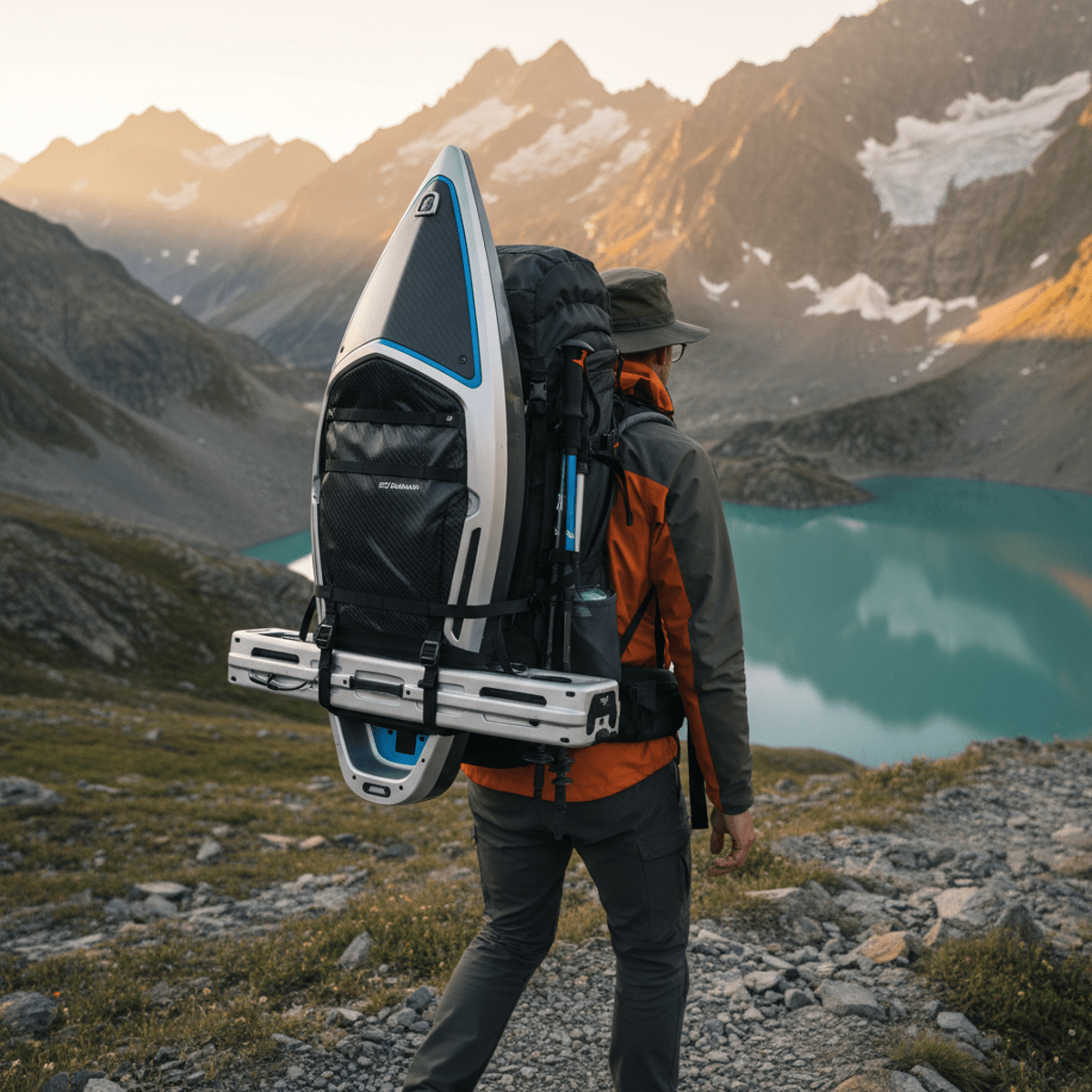 Lone adventurer with kayak backpack on rugged alpine trail, golden hour.