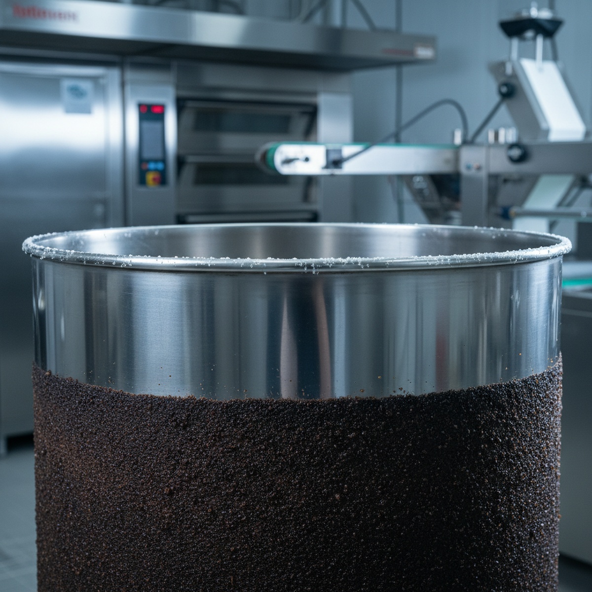 Stainless steel mixing vat showing clean and baked-on residue after dry ice blasting.