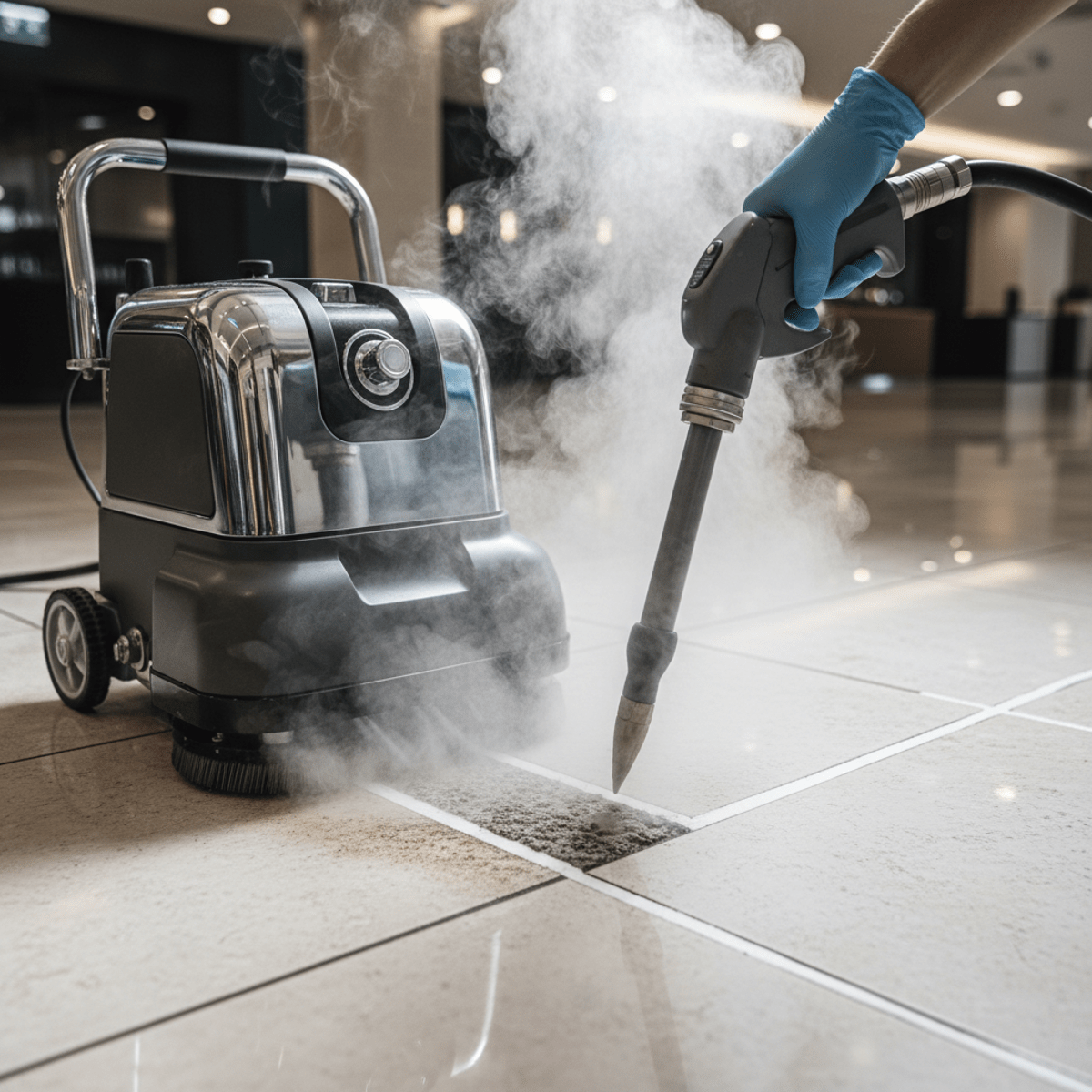 Advanced scrubber machine restoring porous grout with steam jets and precision nozzle.