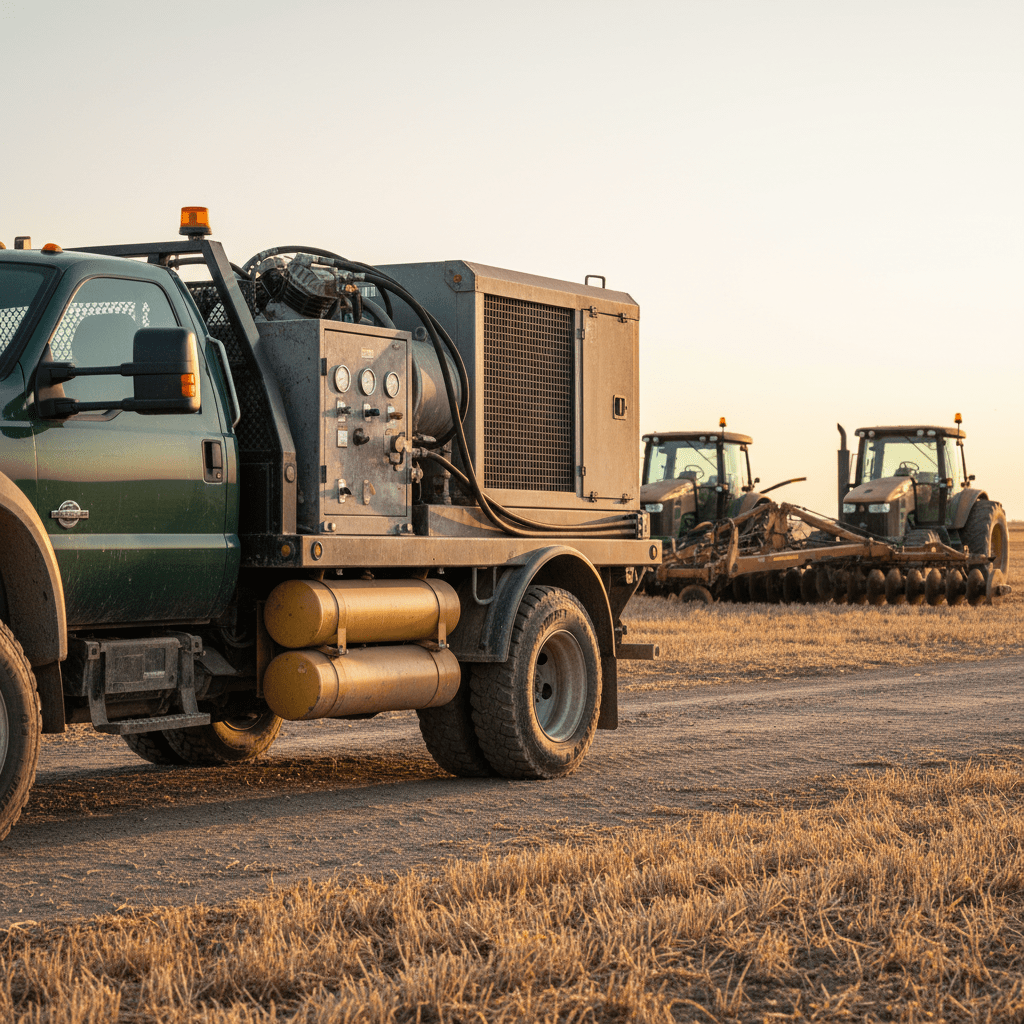 Heavy-duty service truck with large hydraulic air compressor system on a dusty farm.