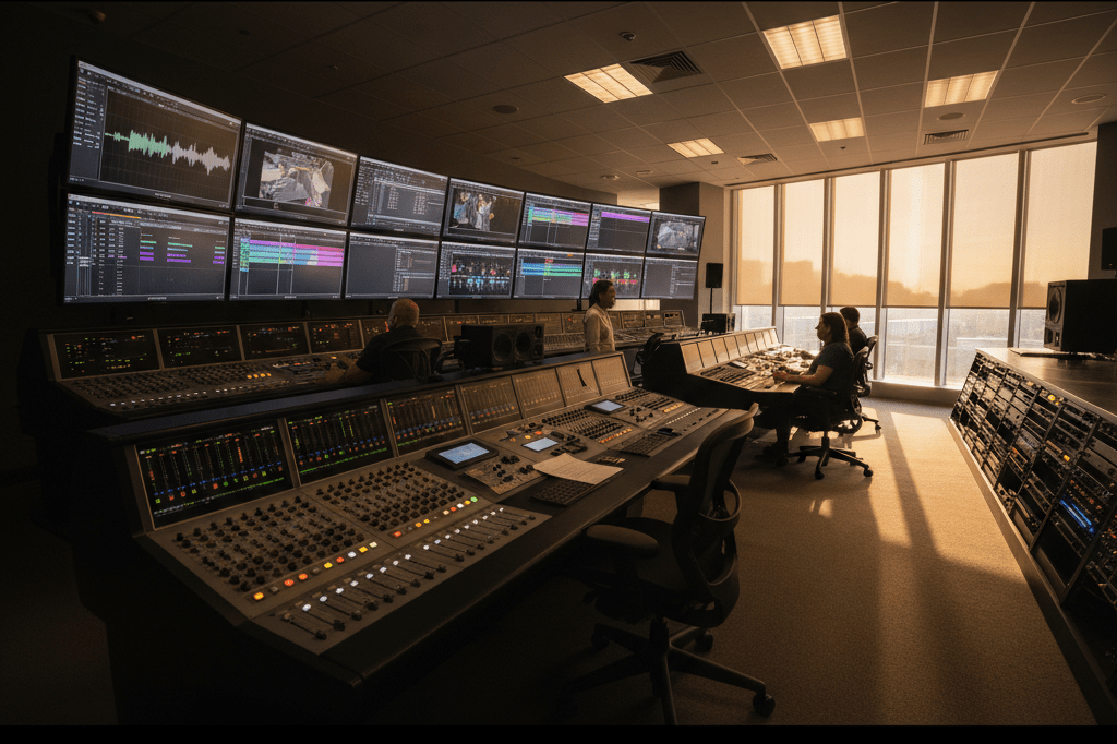 Wide shot of a modern production studio control room with advanced tech, softly lit by ambient light, showcasing strategic workflow