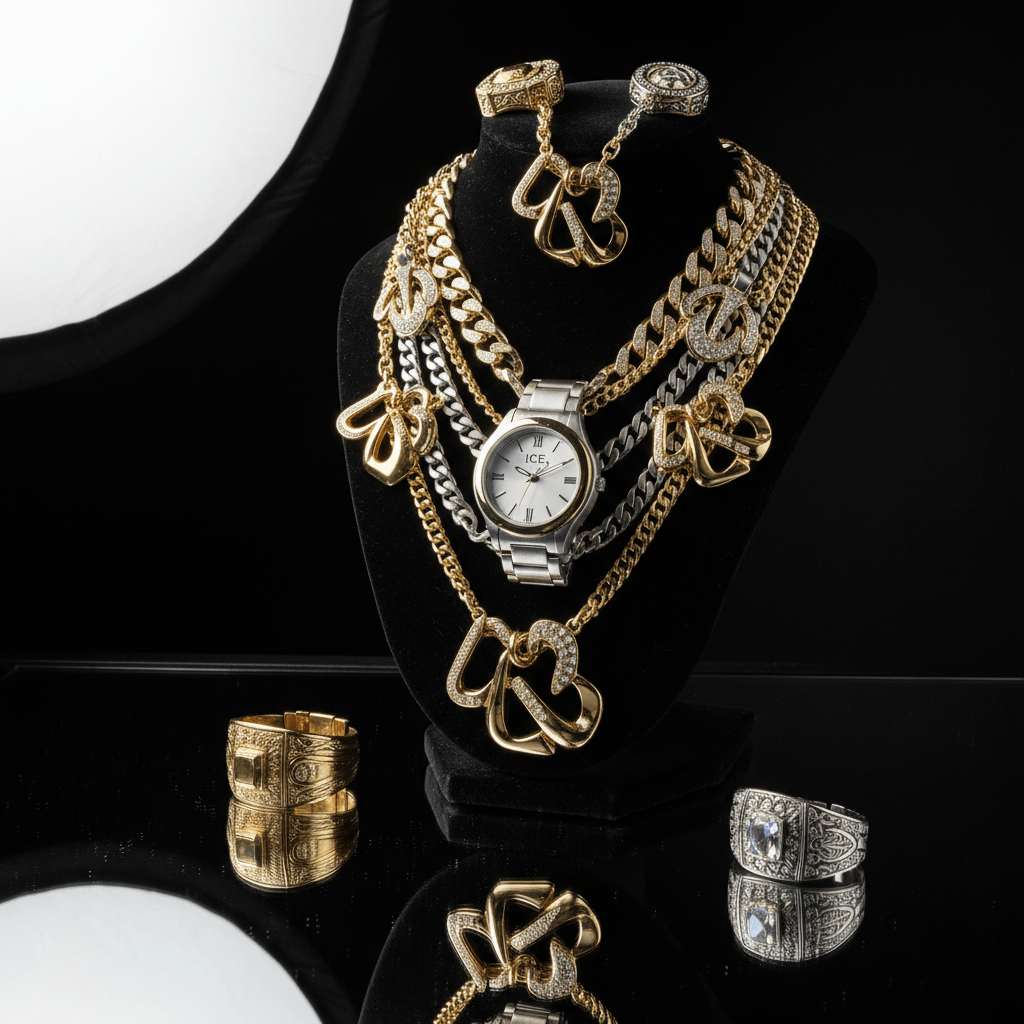 Layered gold and silver jewelry on a velvet bust, showcasing sculptural pendants and chunky rings.
